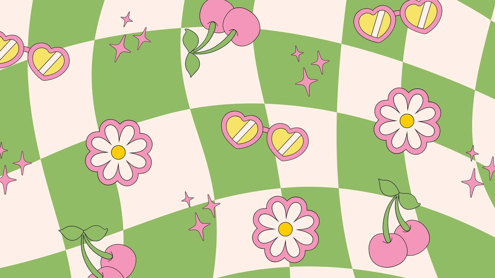 90s Y2k Aesthetic, green checkered, pink cherries, HD Desktop Wallpaper