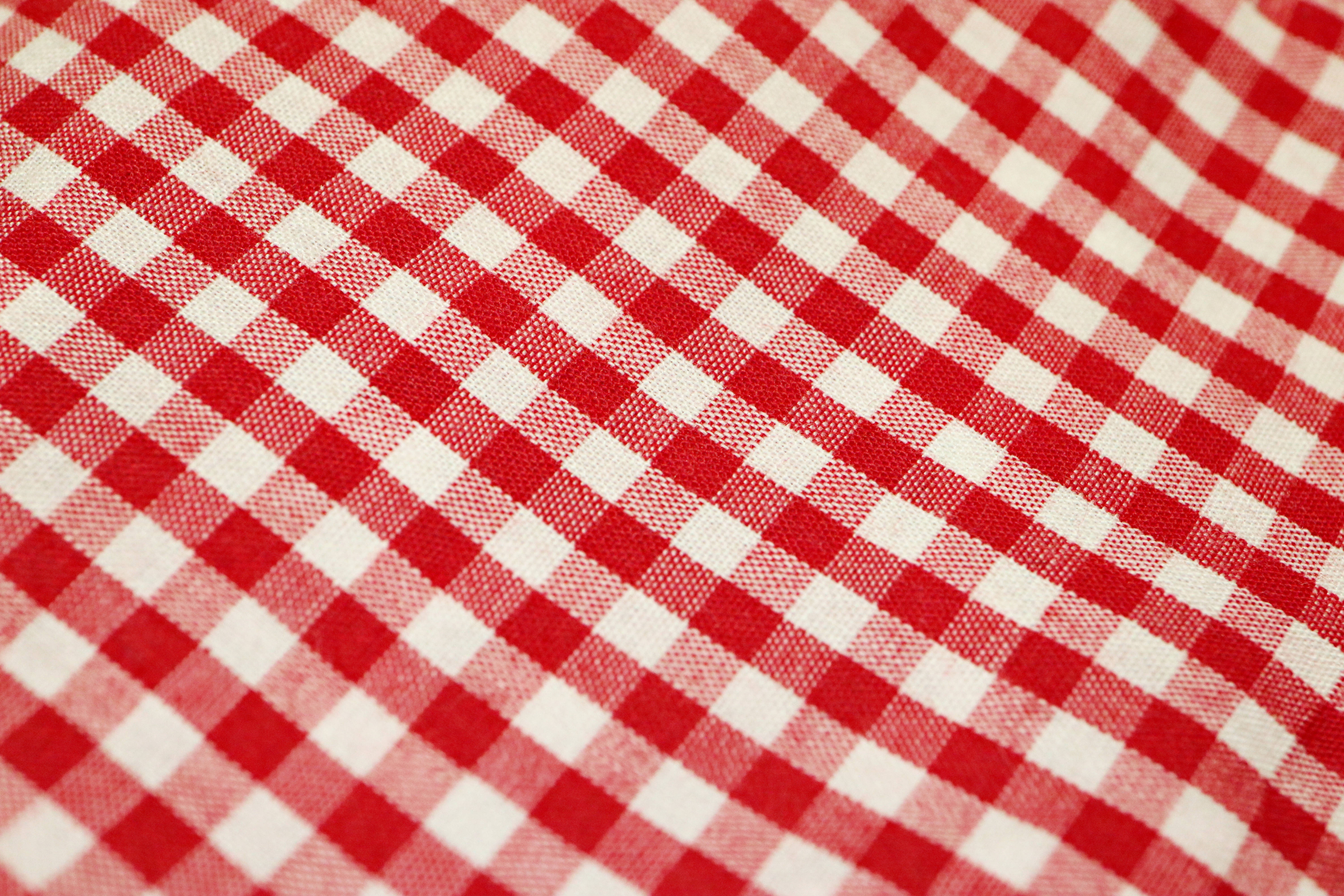red and white gingham fabric, diagonal folds, weave texture, 5K Desktop Wallpaper