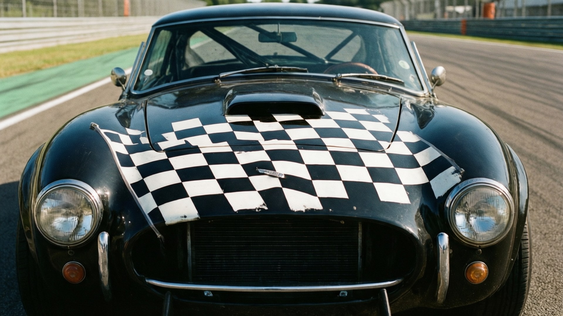 checkered flag decal, black classic race car, racetrack, Full HD Desktop Wallpaper
