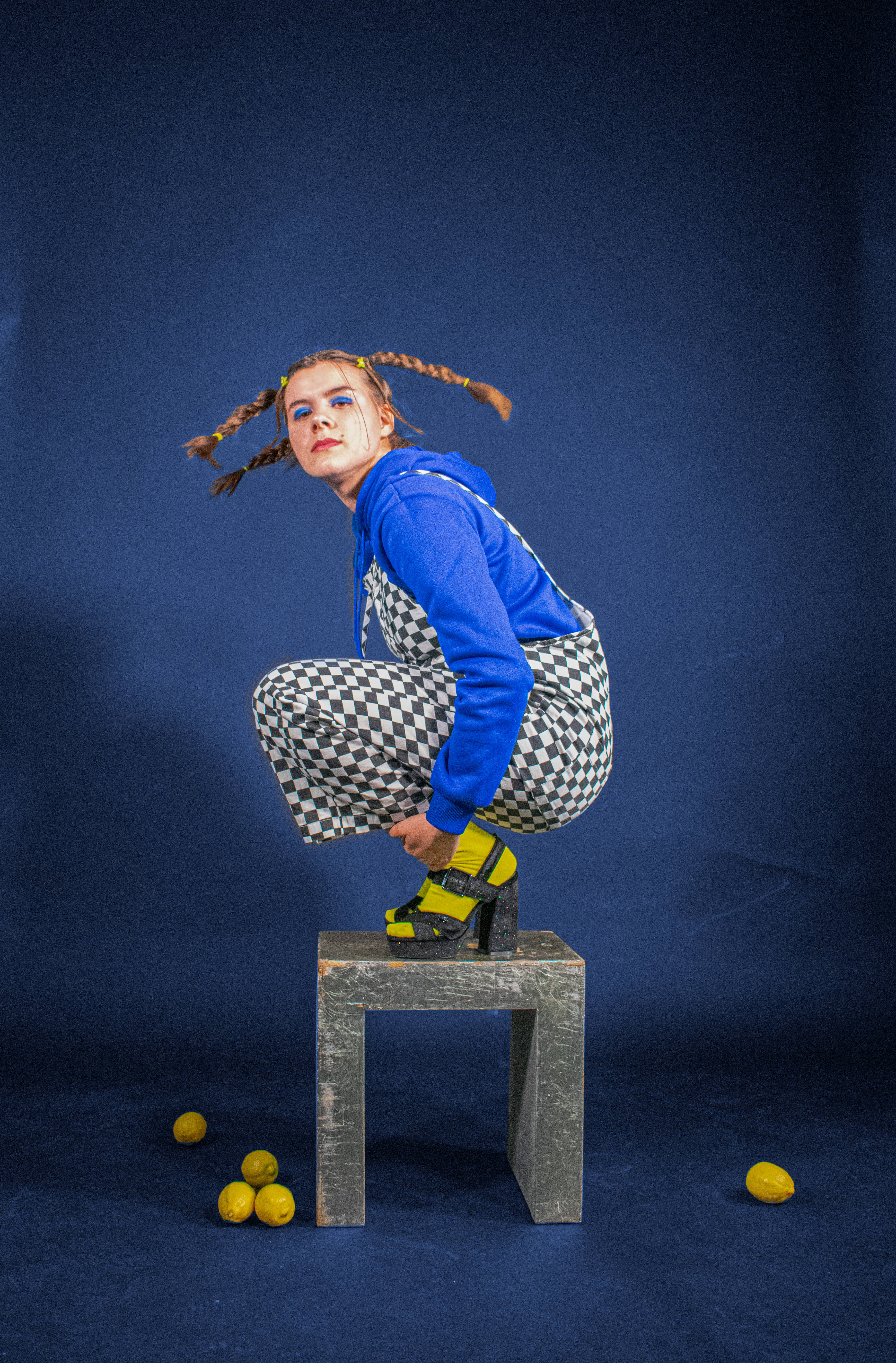 checkered jumpsuit, girl, chair, 5K Phone Wallpaper