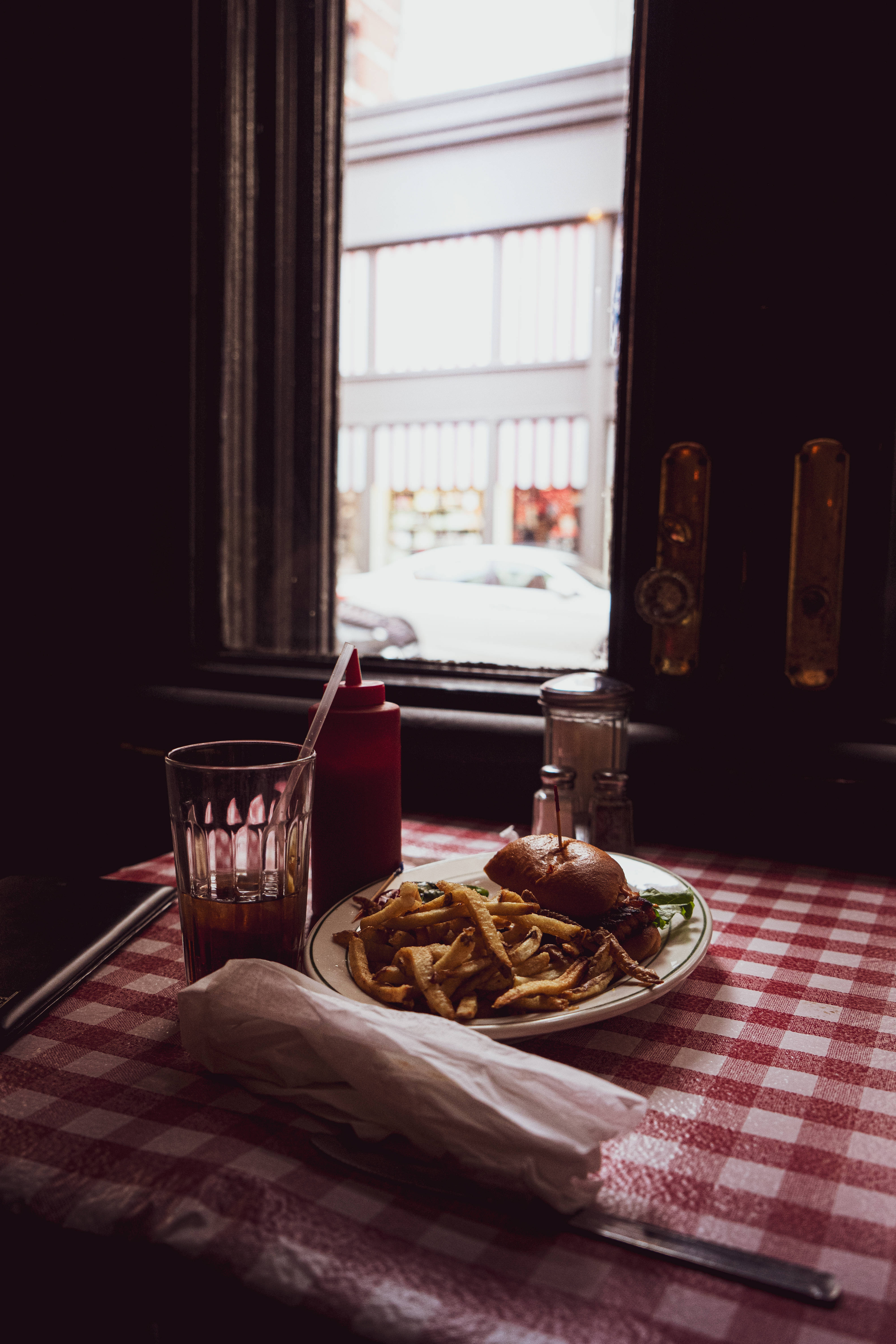 red checkered tablecloth, burger, fries, 5K Phone Wallpaper