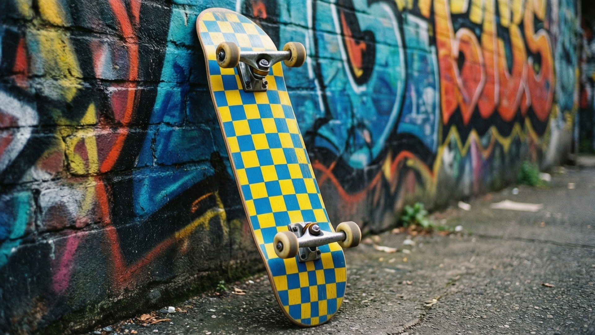 yellow and blue checkered skateboard, graffiti-covered brick wall, concrete sidewalk, Full HD Desktop Wallpaper