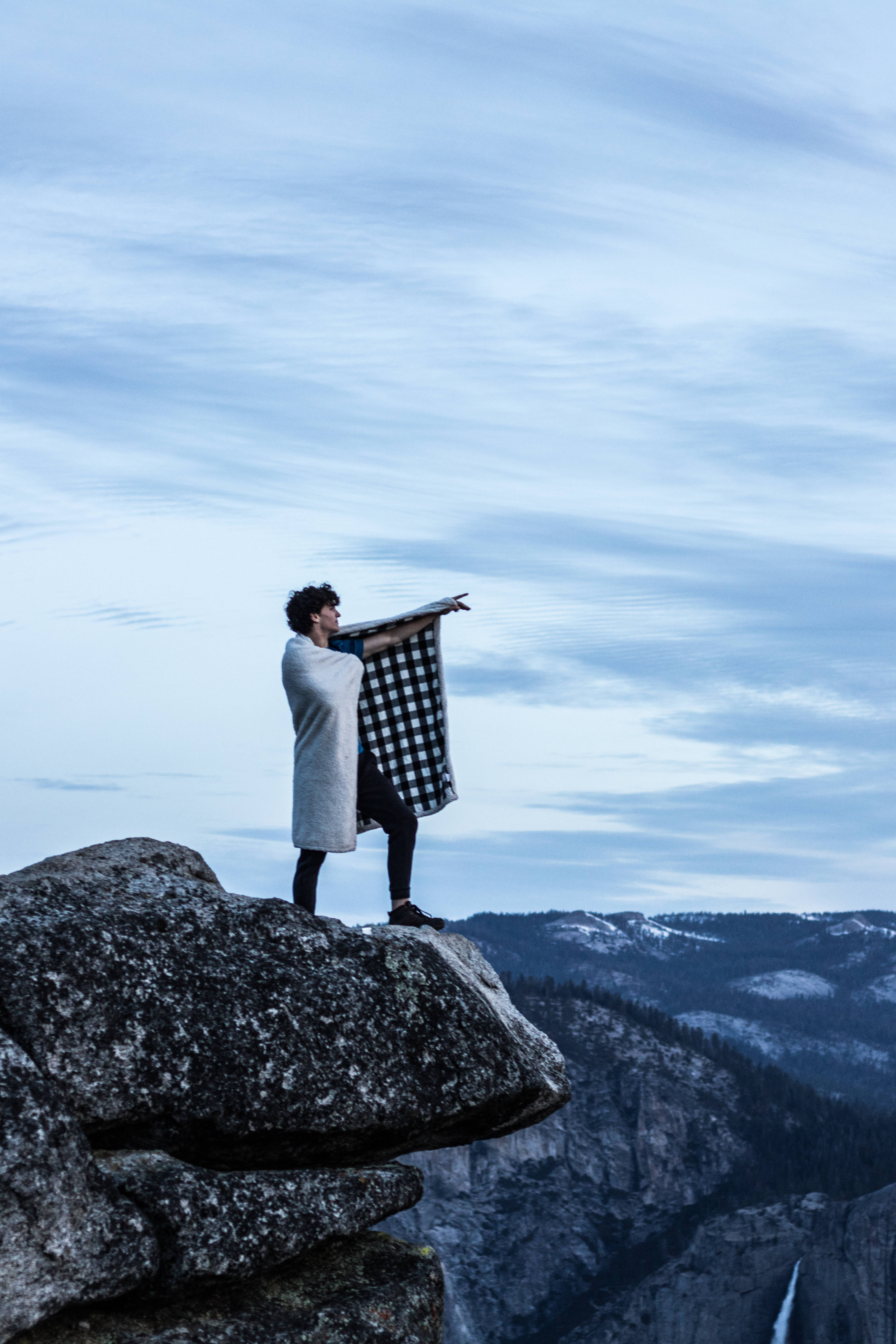 checkered blanket, rocky cliff, mountain valley, 5K Phone Wallpaper