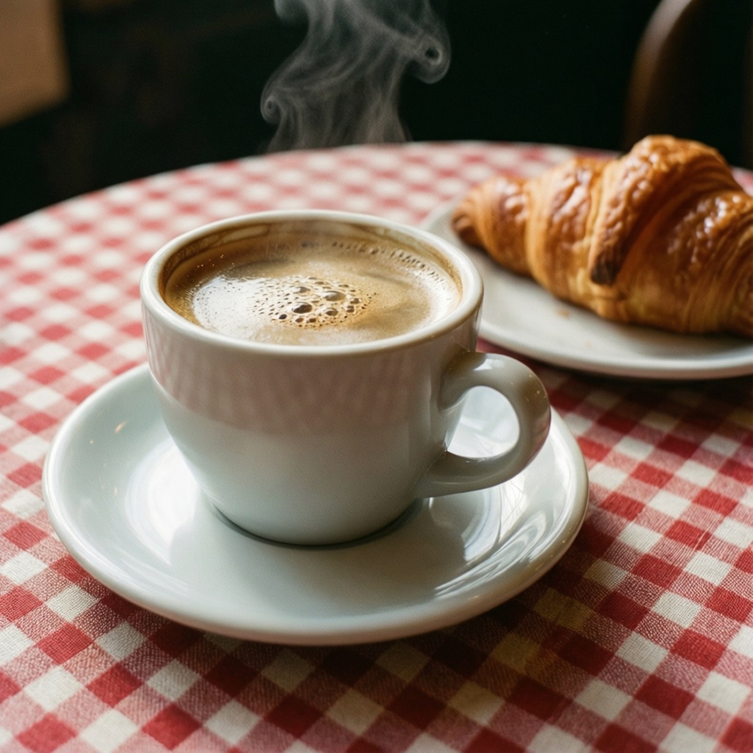 red and white checkered tablecloth, steaming cup of espresso, golden croissant, HD Desktop Wallpaper