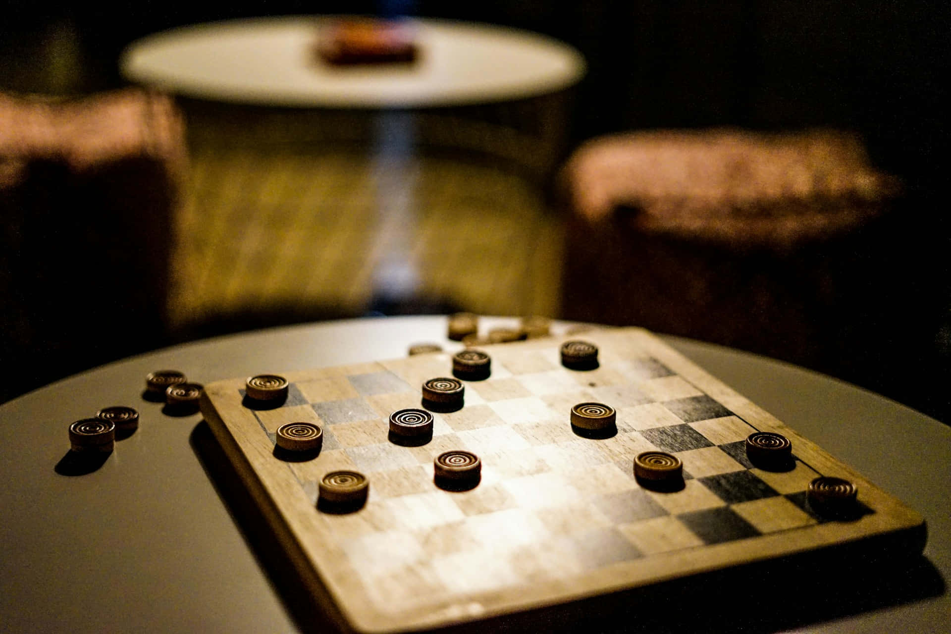 checkers board, dark circular pieces, round table, Full HD Desktop Wallpaper