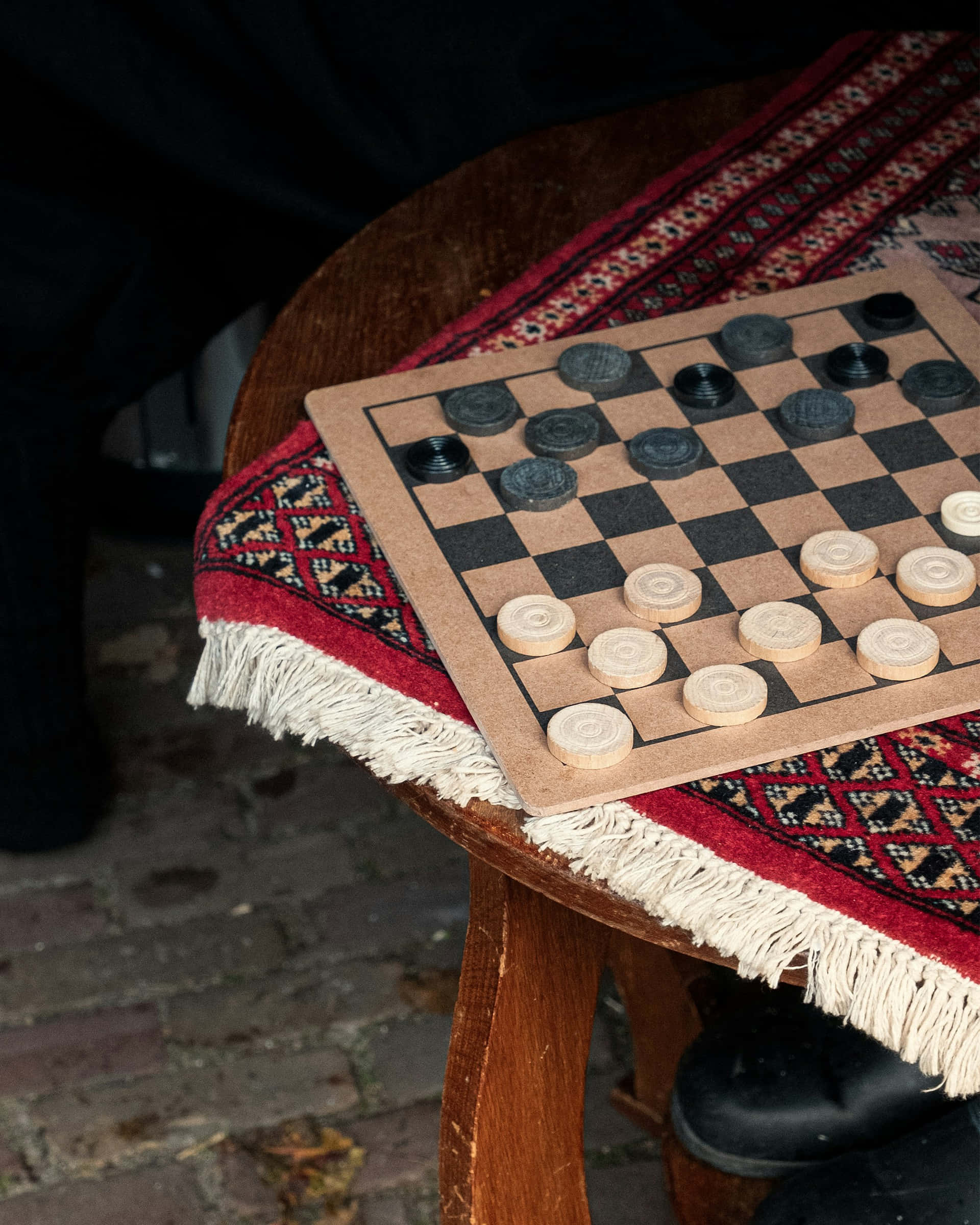 Checkers, wooden stool, red patterned rug, Full HD Phone Wallpaper