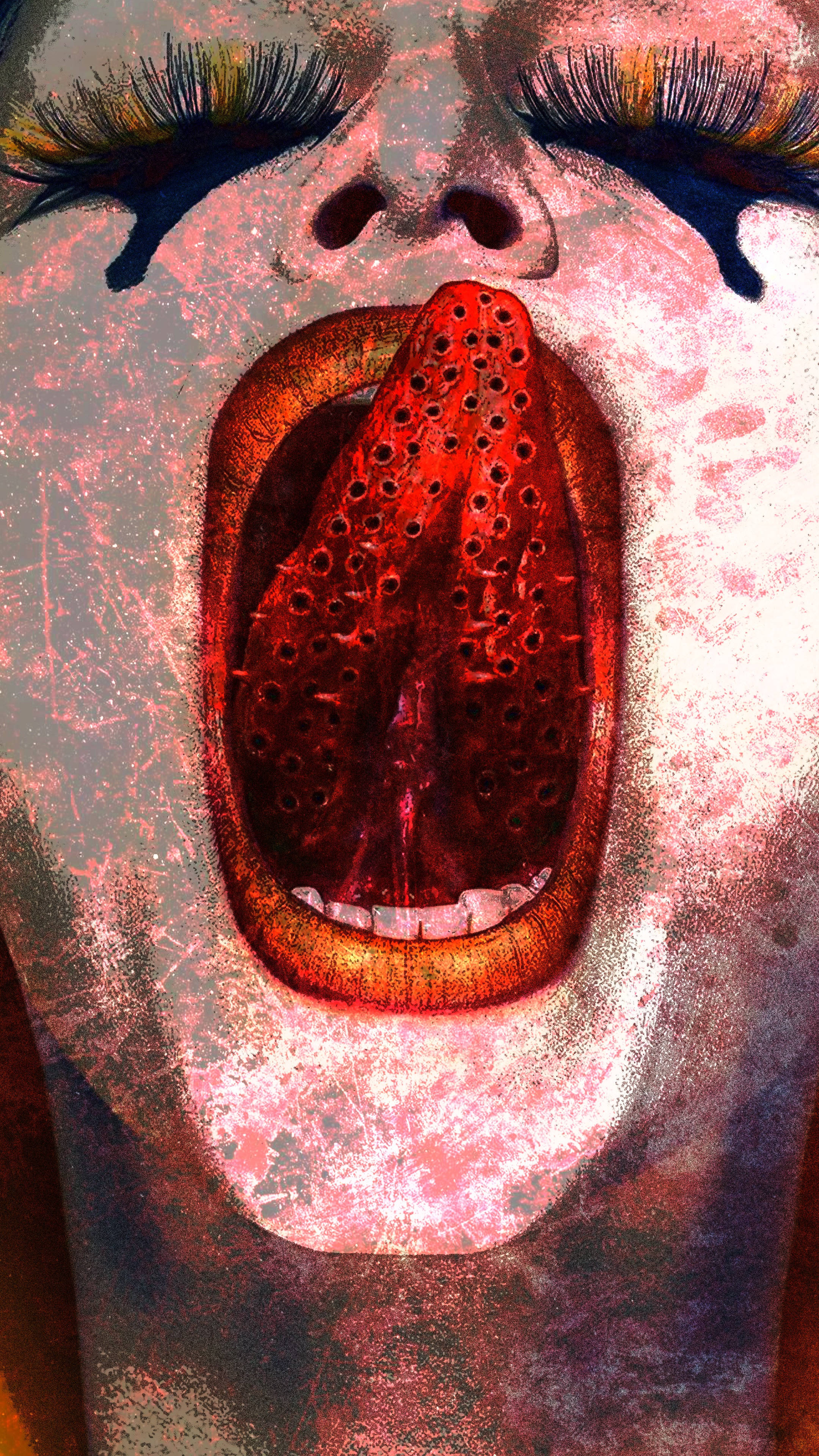 Ugly Tongue Out, red perforated tongue, exaggerated eyelashes, 4K Phone Wallpaper
