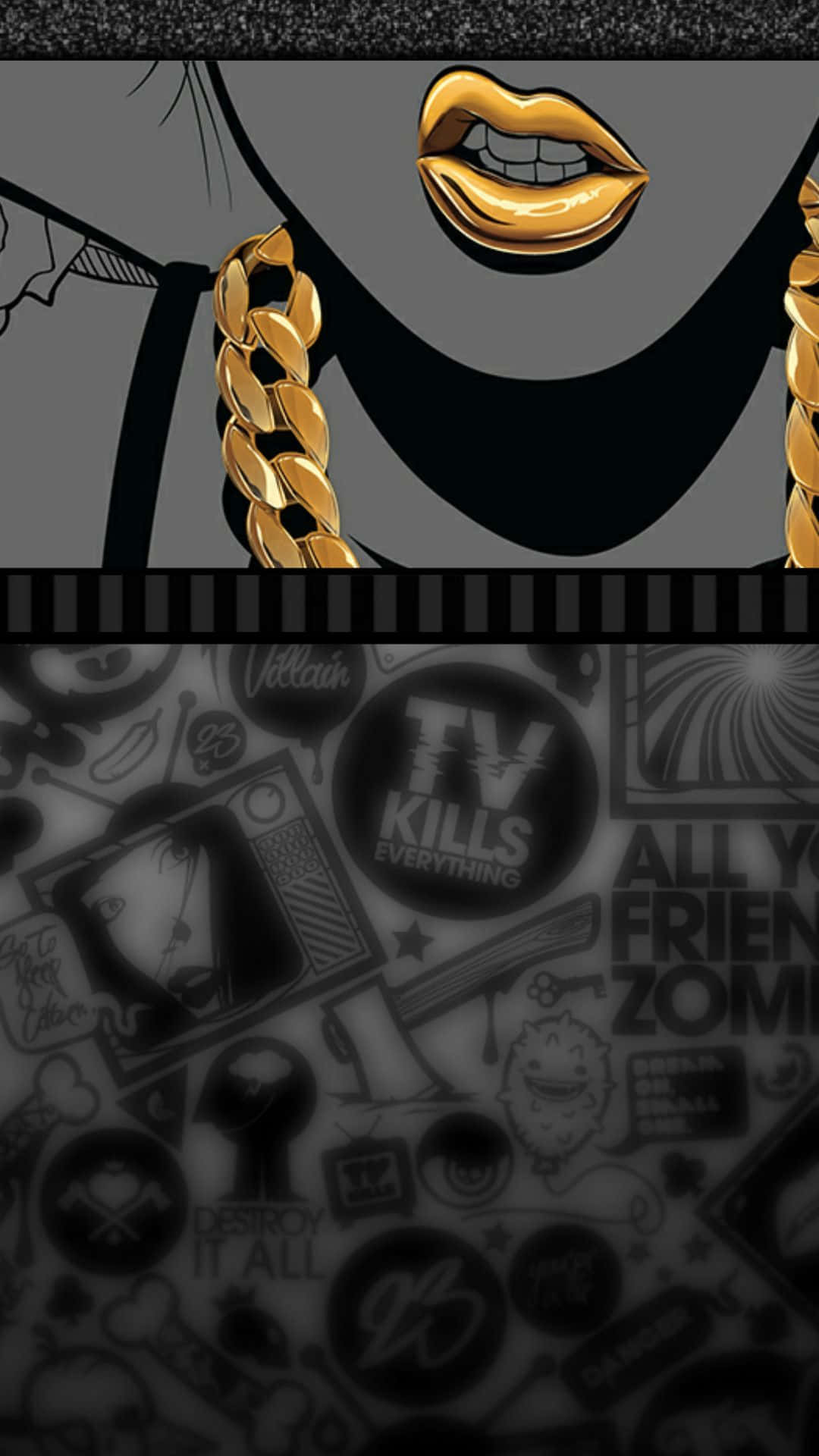 Dope Trippy, black and gold lips, chain necklace, Full HD Phone Wallpaper