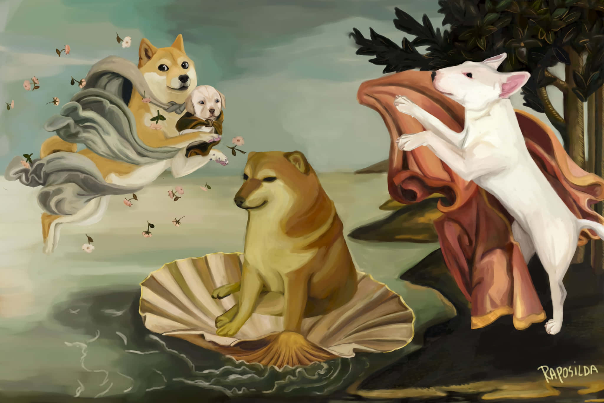 Cheems, classical painting style, wings, Full HD Desktop Wallpaper