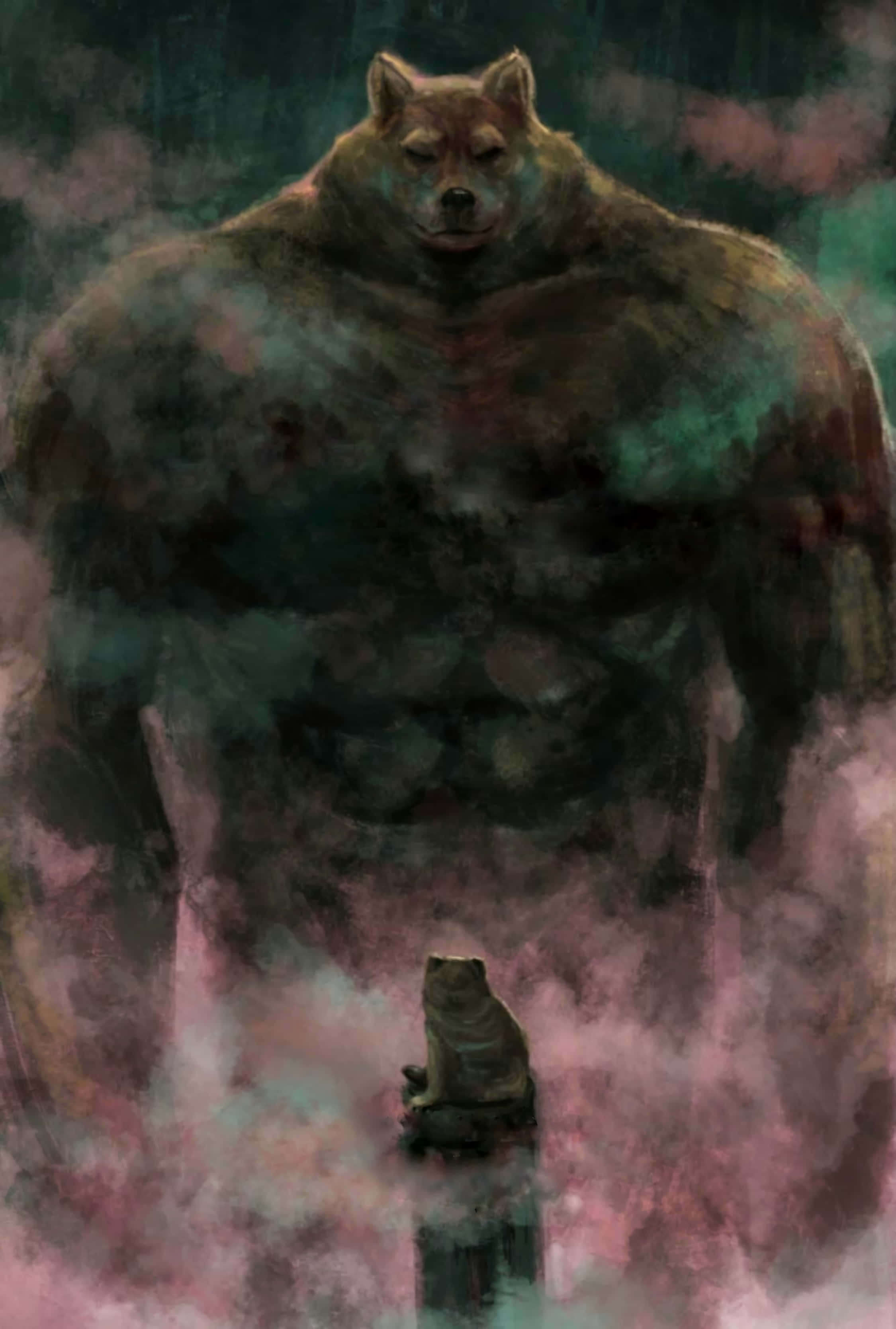 Cheems, colossal muscular wolf, tiny cat, 2K Phone Wallpaper