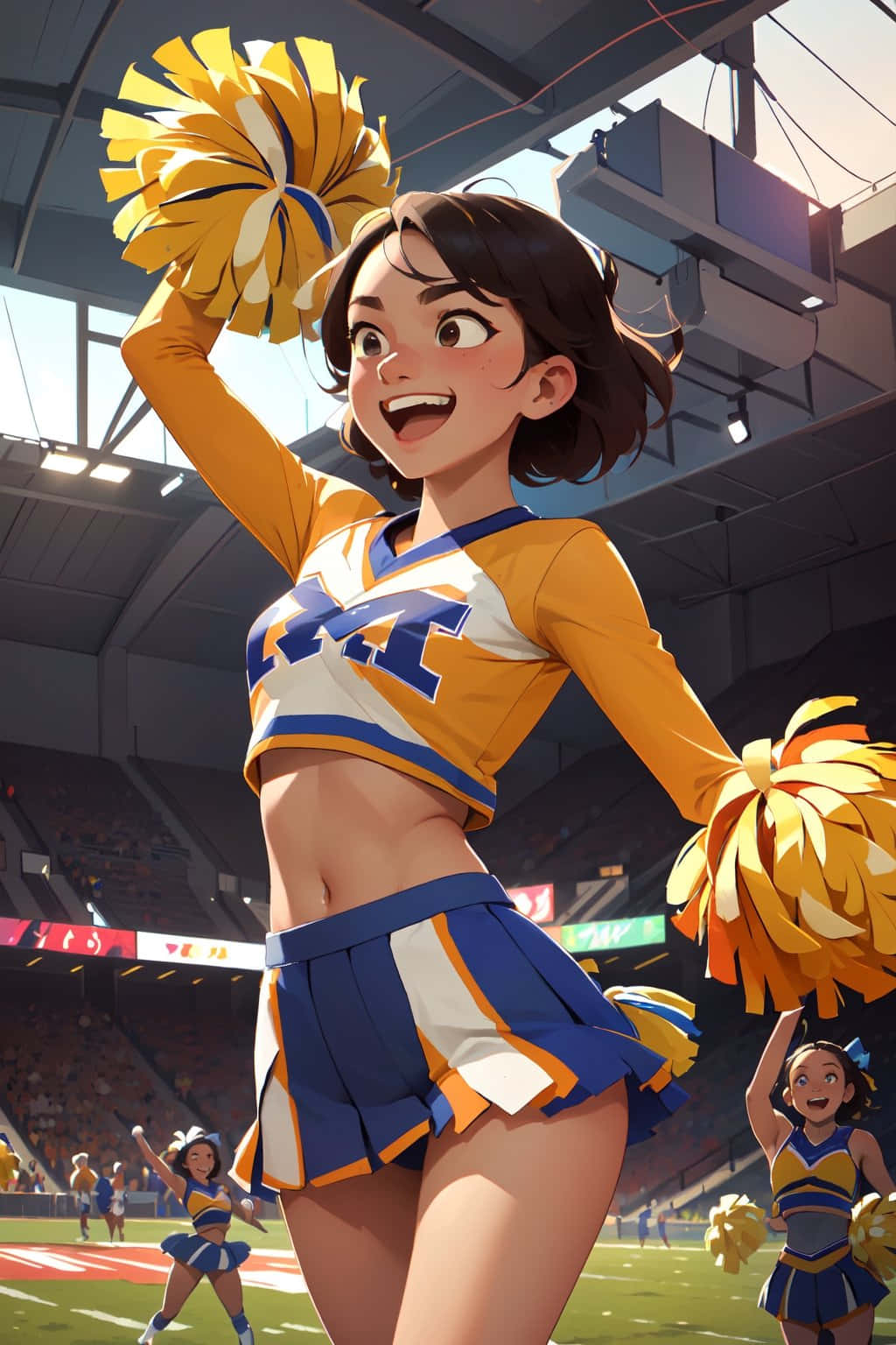 cheerleader, yellow and blue uniform, pom-poms, HD Phone Wallpaper