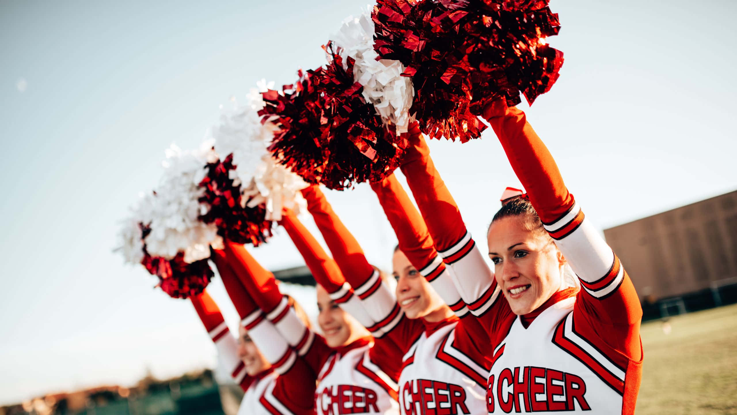 Cheerleading Squad, pom-poms, red and white uniforms, 2K Desktop Wallpaper