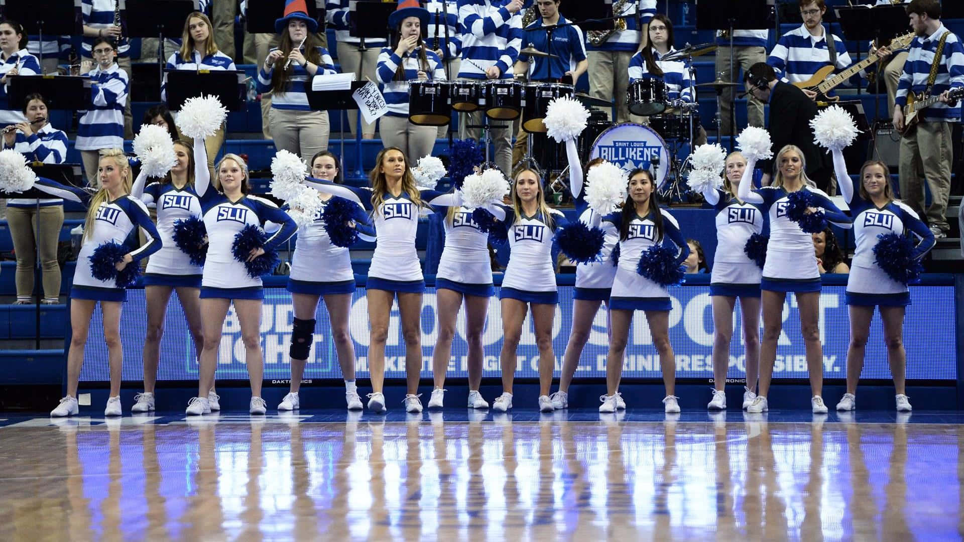 S L U, cheerleaders, blue and white uniforms, Full HD Desktop Wallpaper
