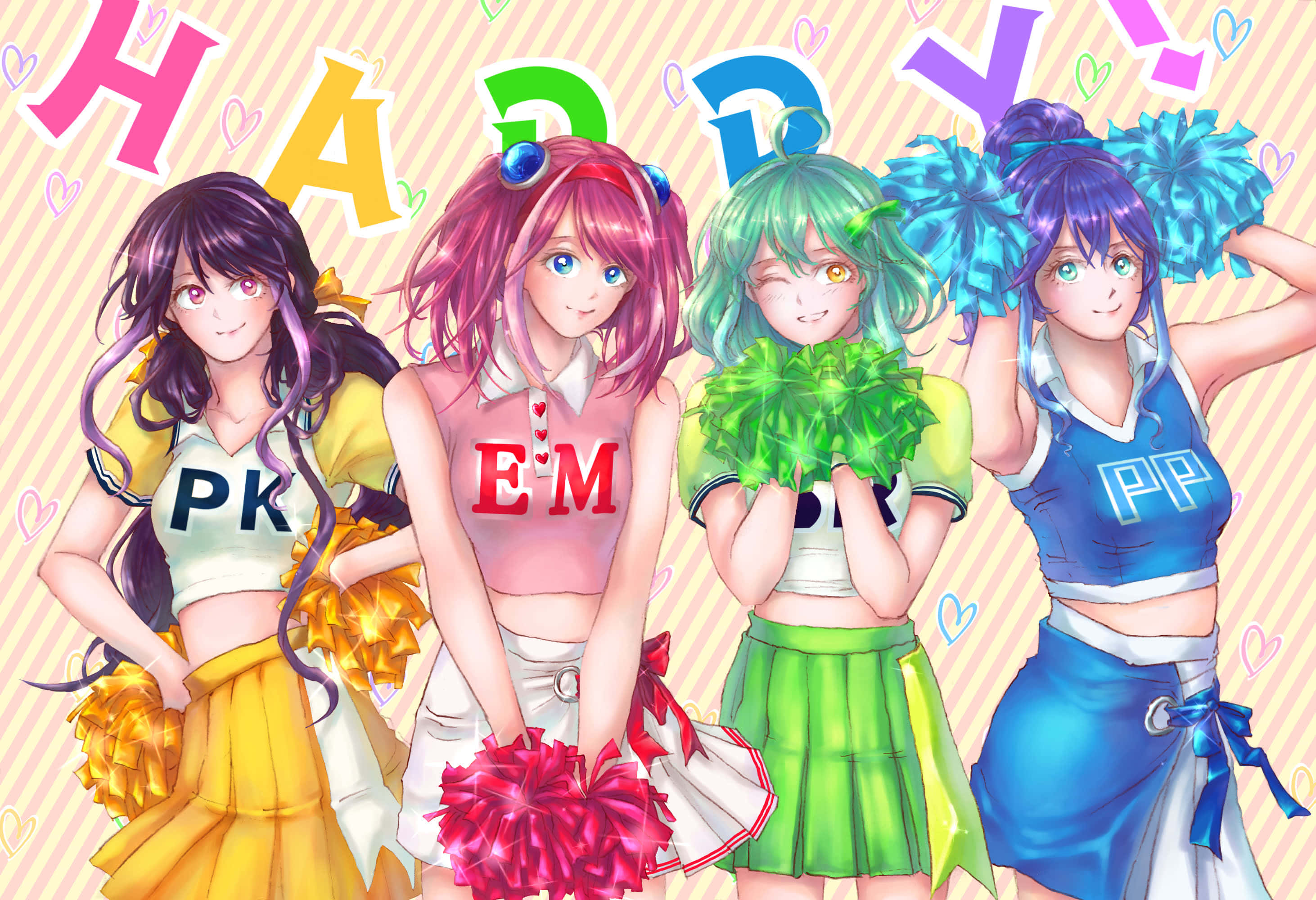 anime cheerleaders, colorful uniforms, pom-poms, 2K Desktop Wallpaper
