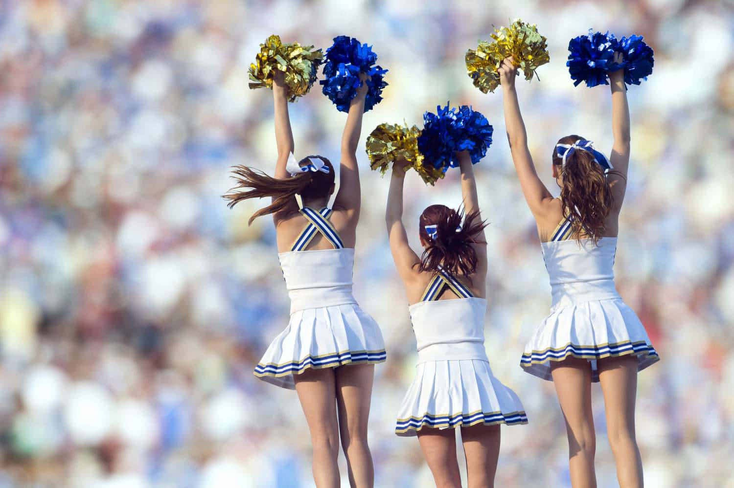 cheerleaders, white uniforms, blue and gold pom-poms, HD Desktop Wallpaper