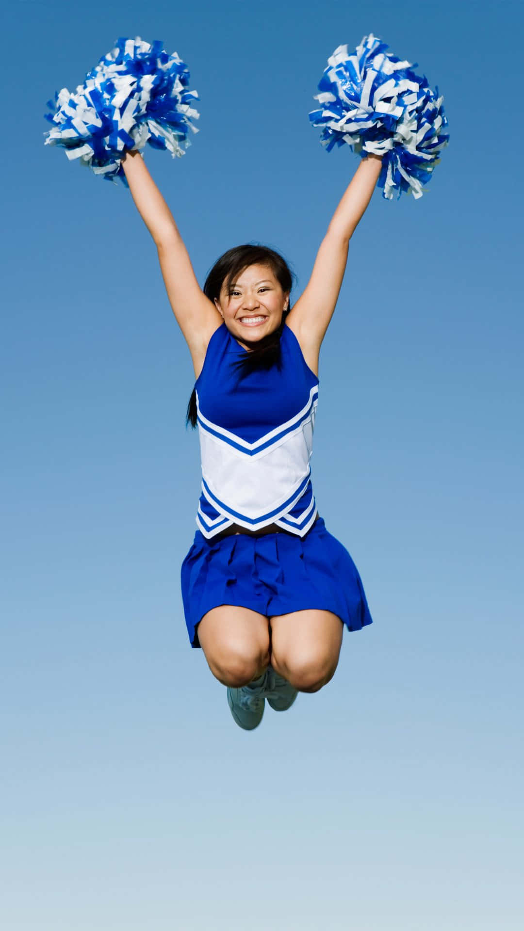 cheerleader, pom poms, blue and white uniform, Full HD Phone Wallpaper