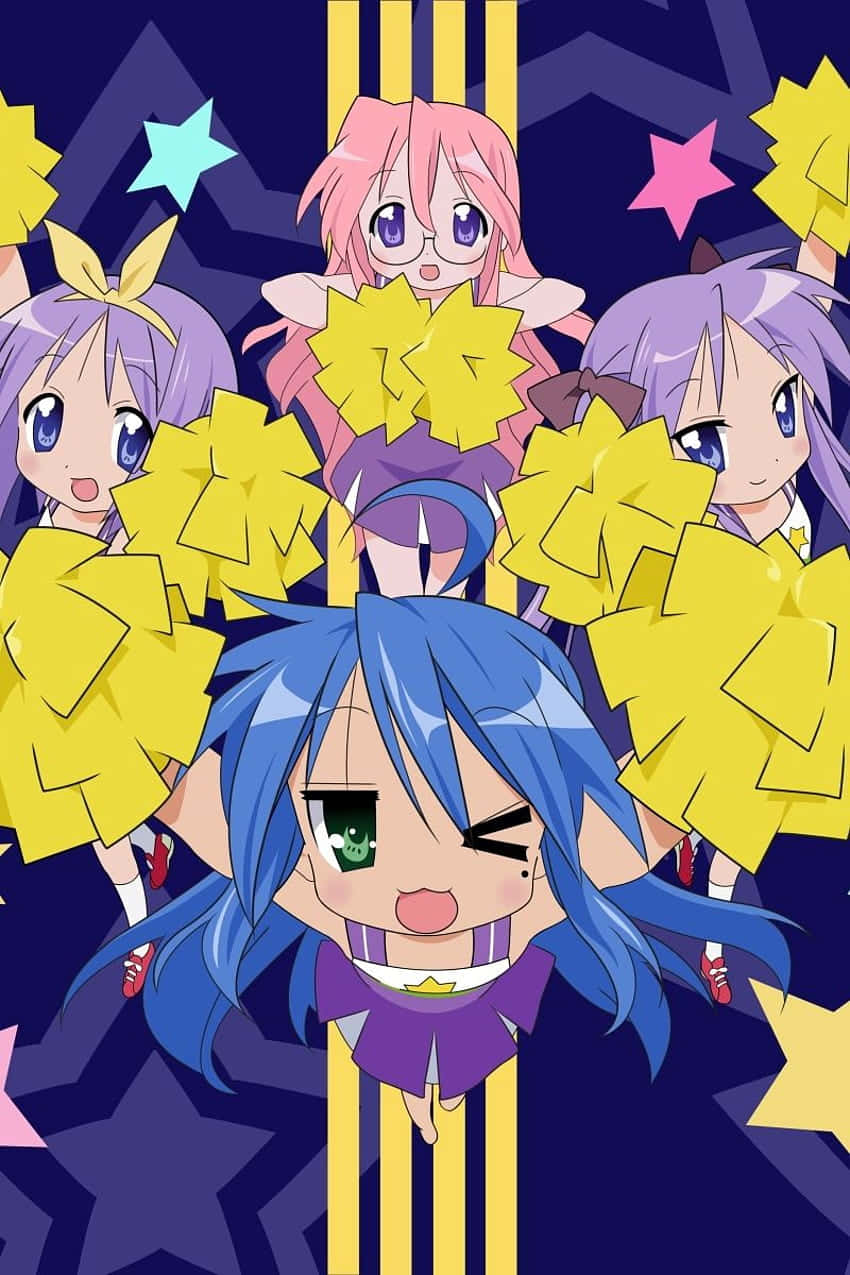 animated cheerleading squad, anime cheerleaders, colorful hair, SD Phone Wallpaper