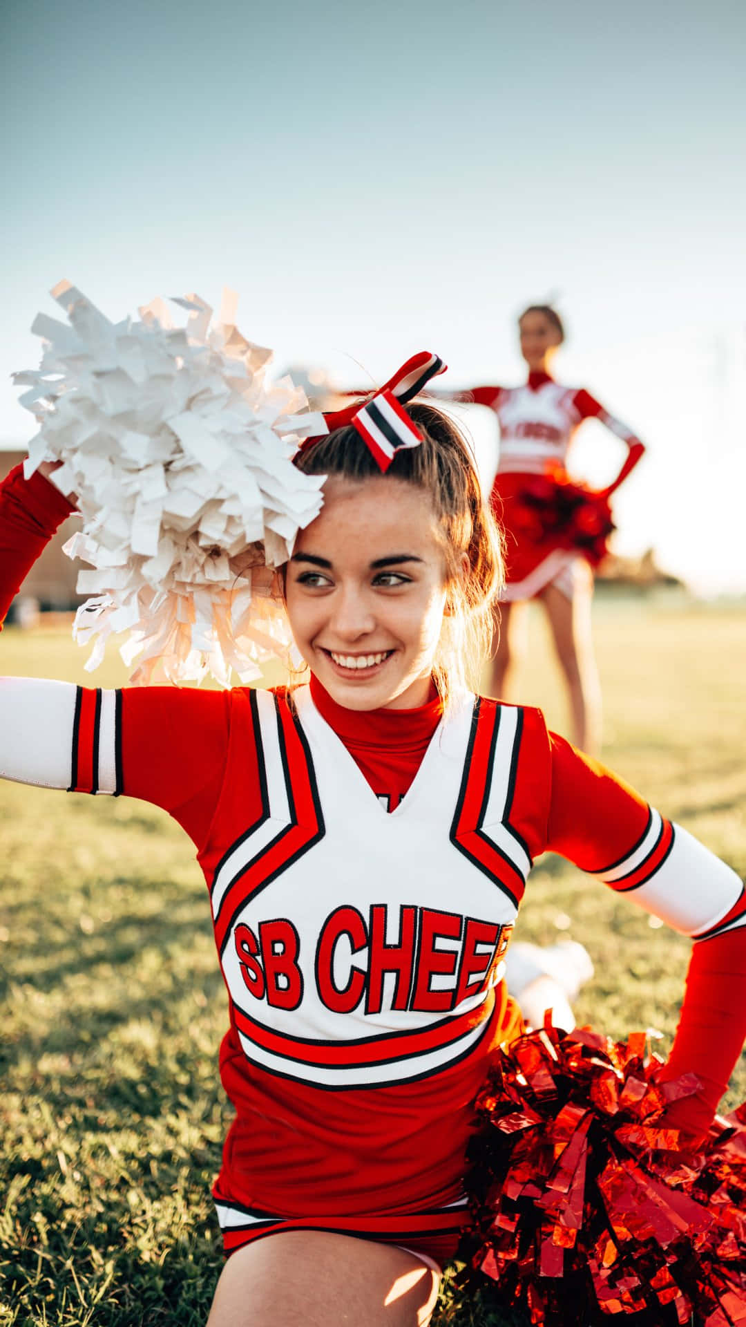 cheerleader, red and white uniform, pom-poms, Full HD Phone Wallpaper
