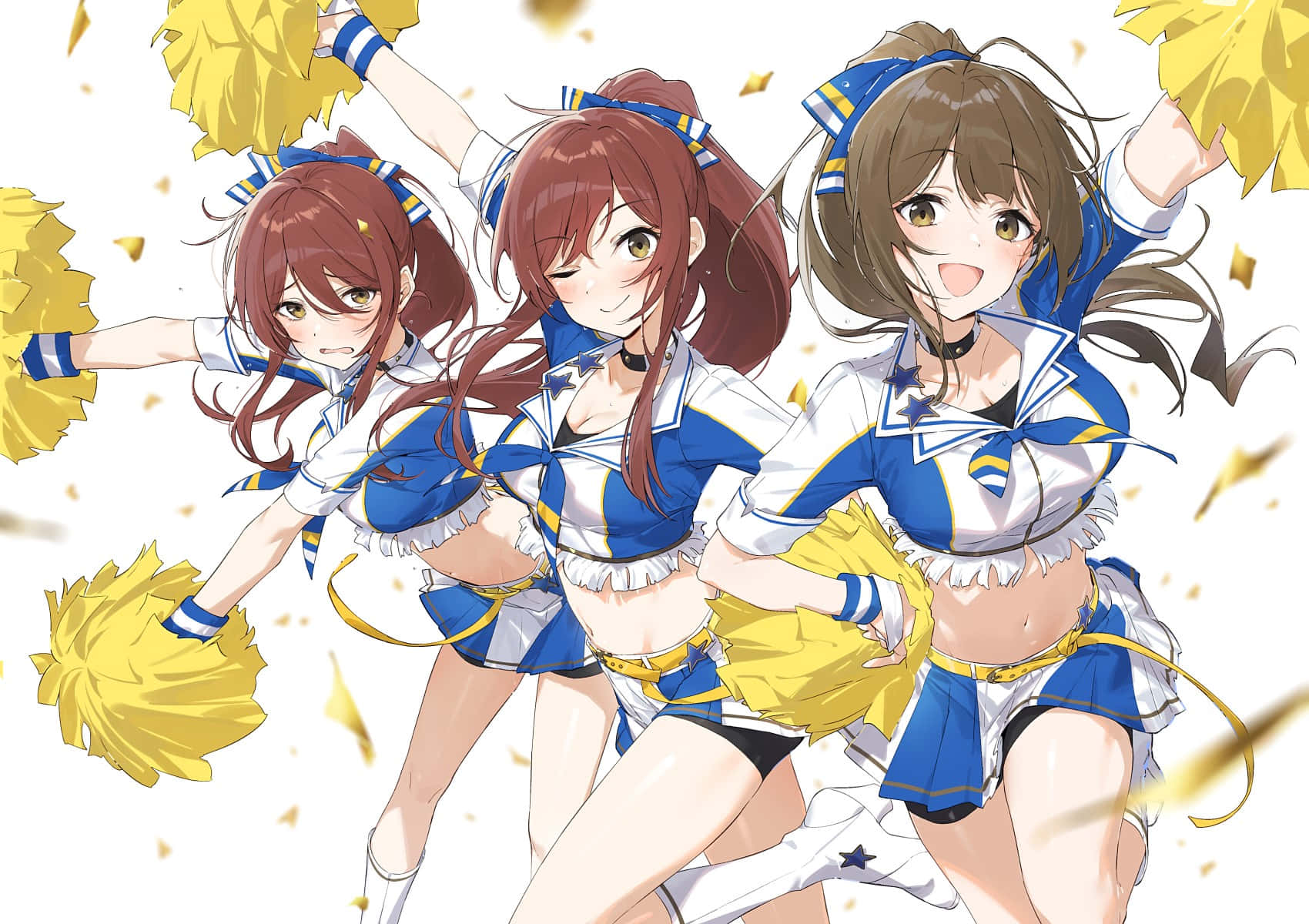 anime cheerleaders, blue and white uniforms, yellow pom poms, HD Desktop Wallpaper