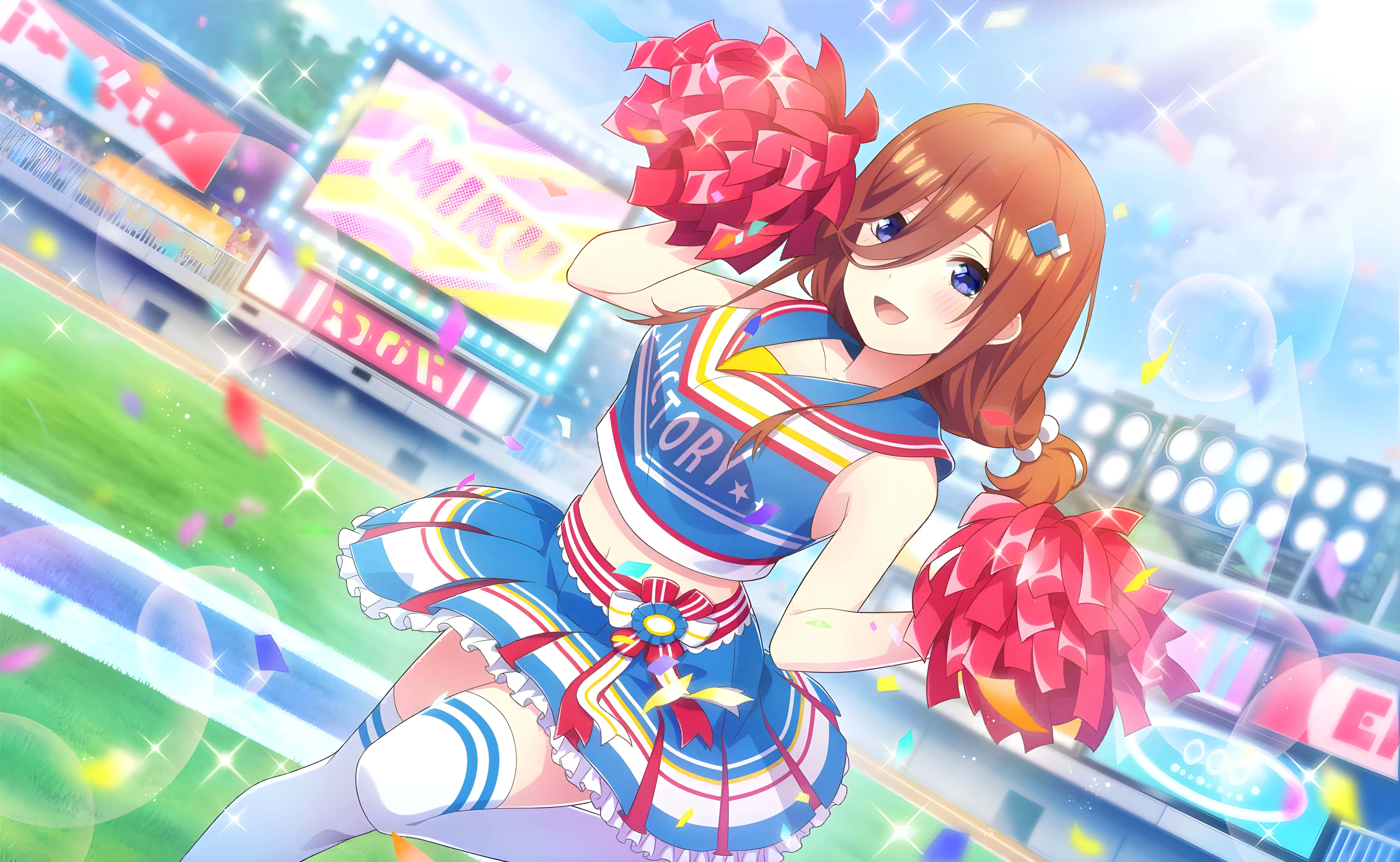 anime cheerleader, blue and red uniform, pom-poms, 5K Desktop Wallpaper