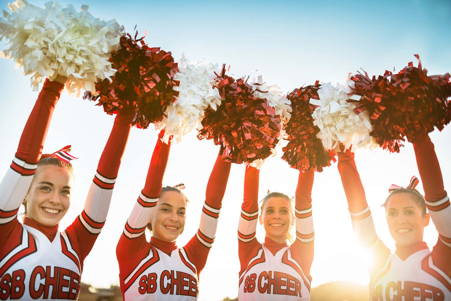 red and white uniforms, pom-poms, bright sunlit sky, HD Desktop Wallpaper
