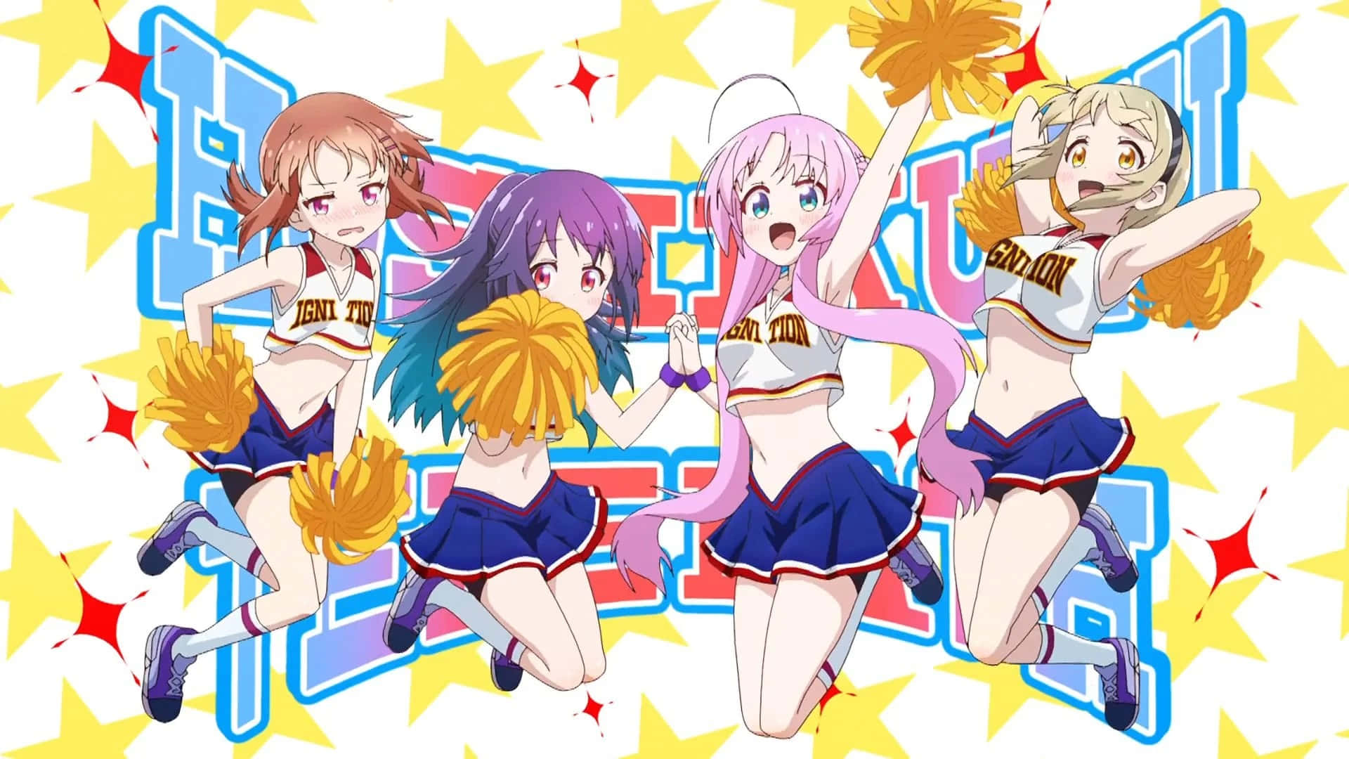 anime cheerleaders, blue and white uniforms, starry background, Full HD Desktop Wallpaper