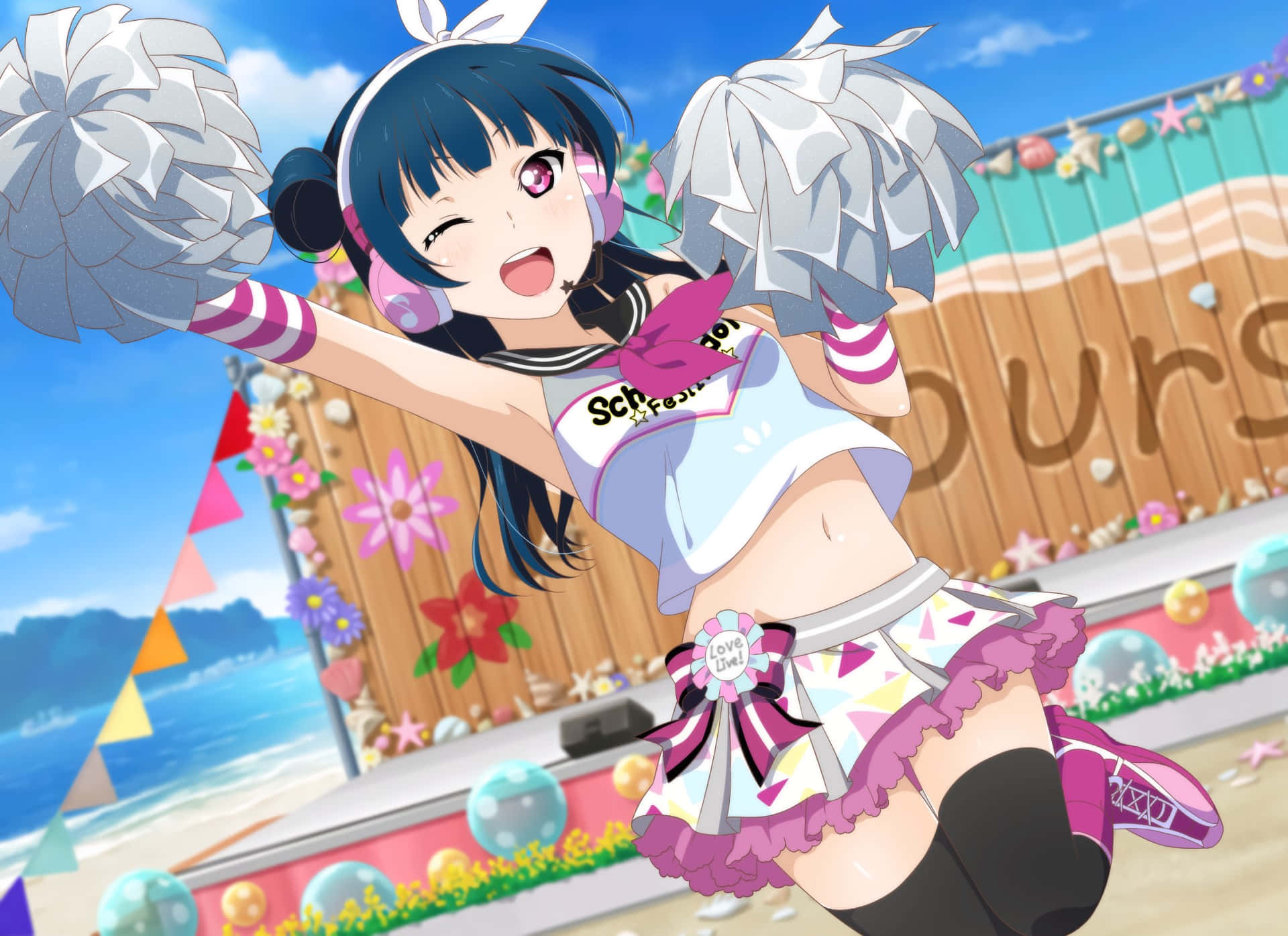 anime cheerleader, blue hair, pink eyes, Full HD Desktop Wallpaper