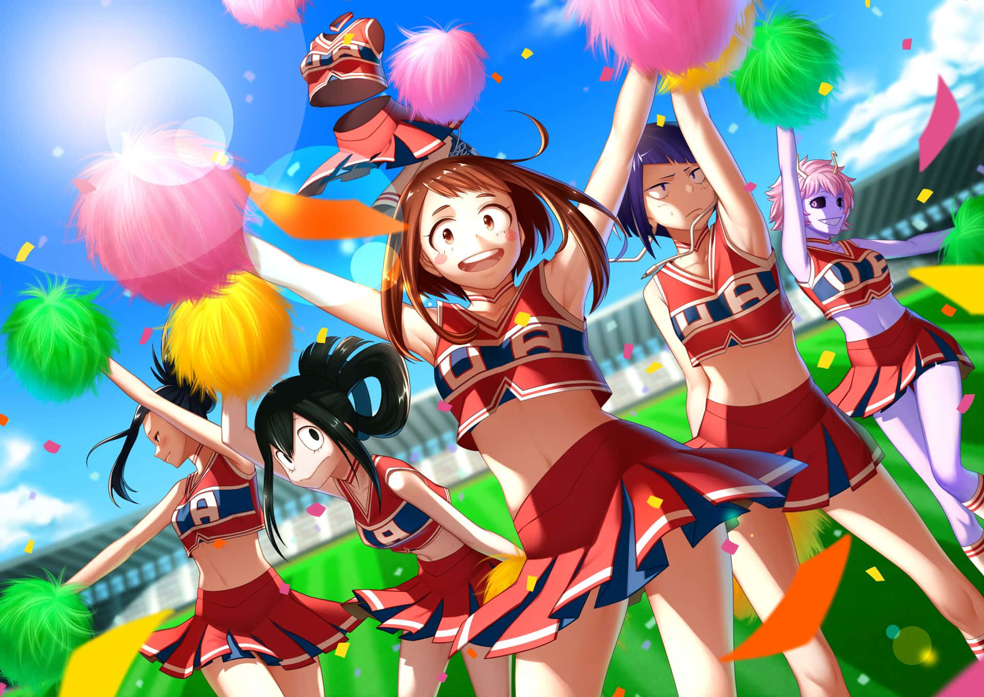 Anime cheerleaders, red uniforms, colorful pom-poms, Full HD Desktop Wallpaper
