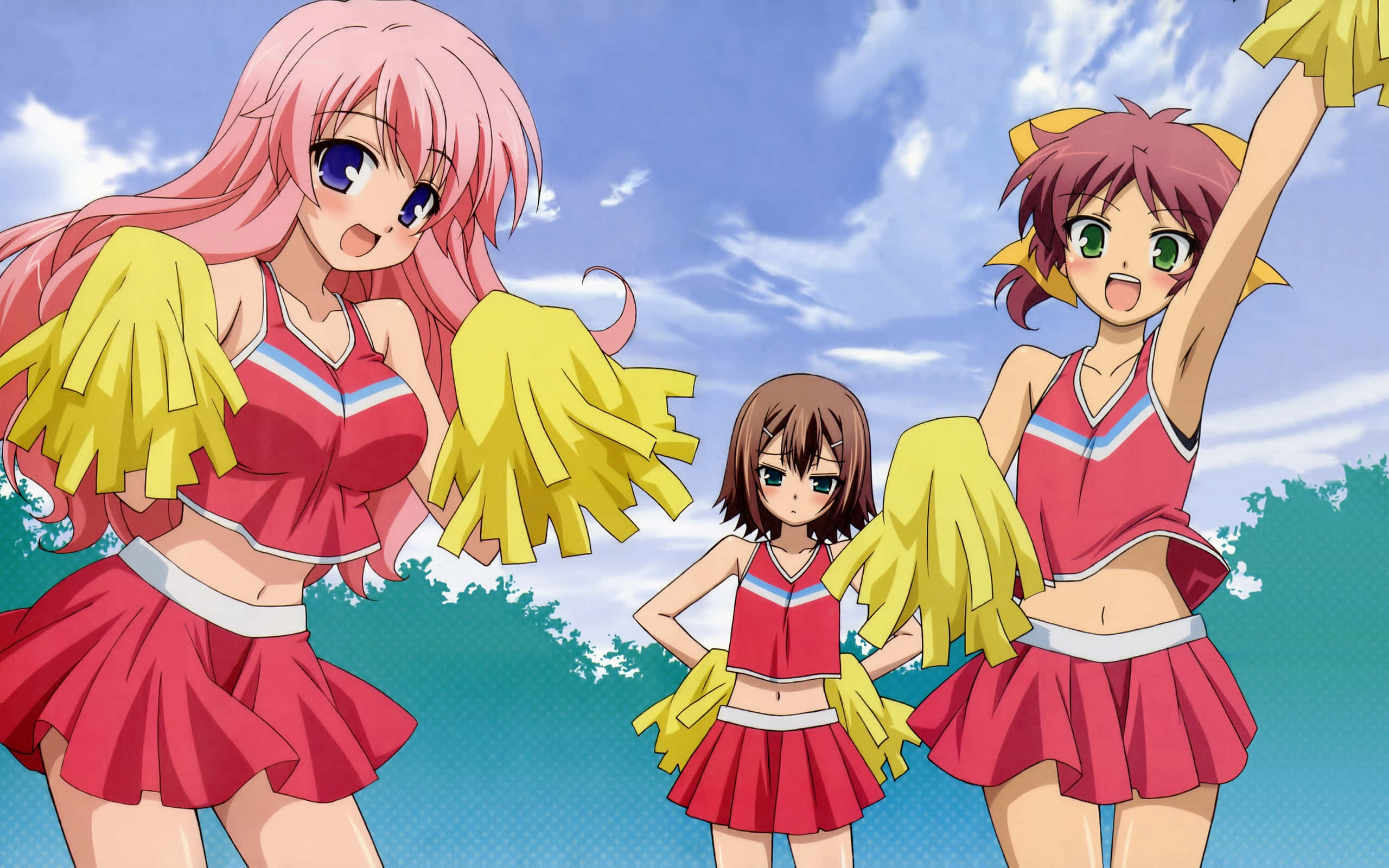 anime cheerleaders, red uniforms, yellow pom-poms, 2K Desktop Wallpaper