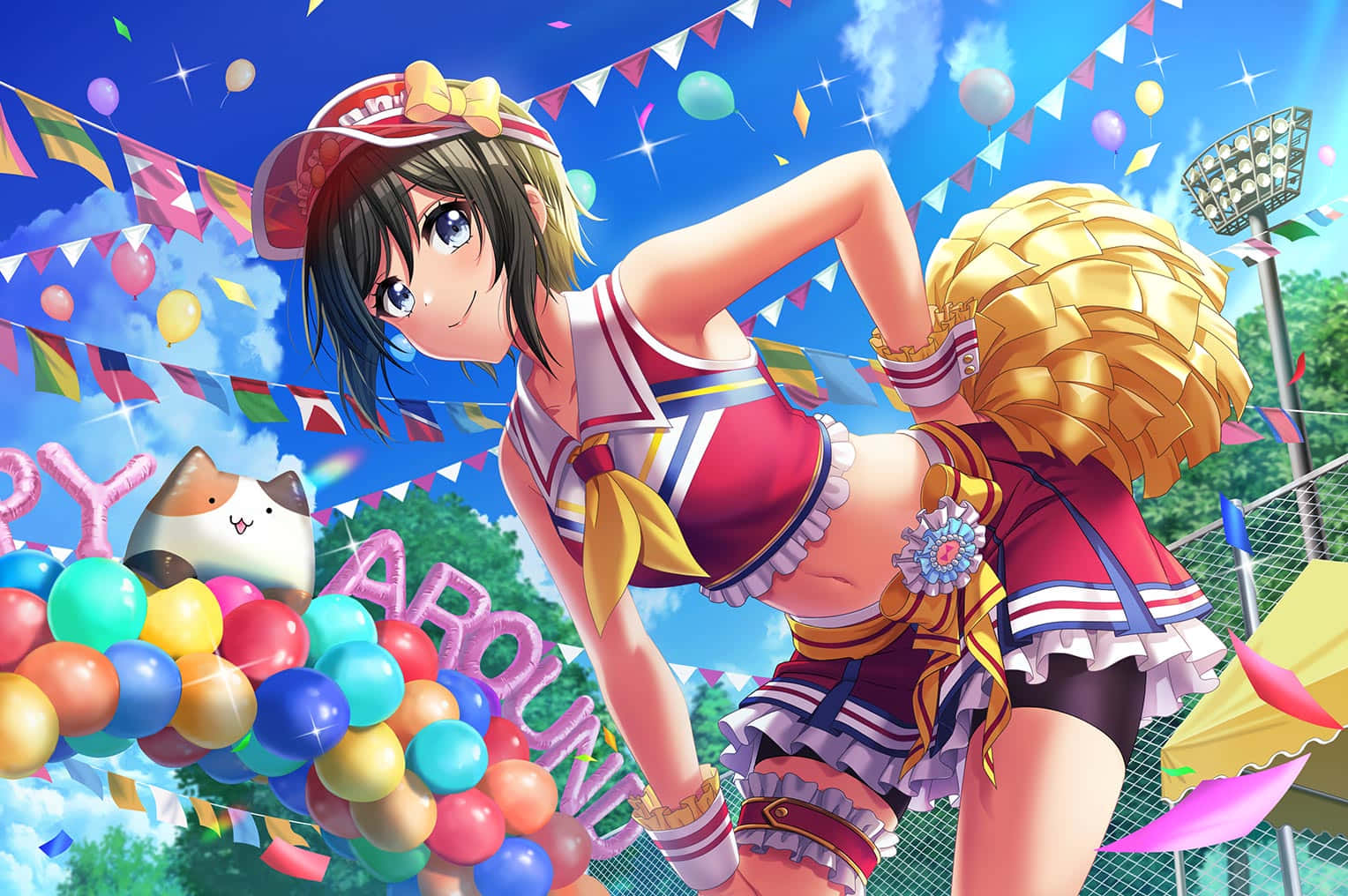 anime cheerleader, red uniform, pom-poms, HD Desktop Wallpaper