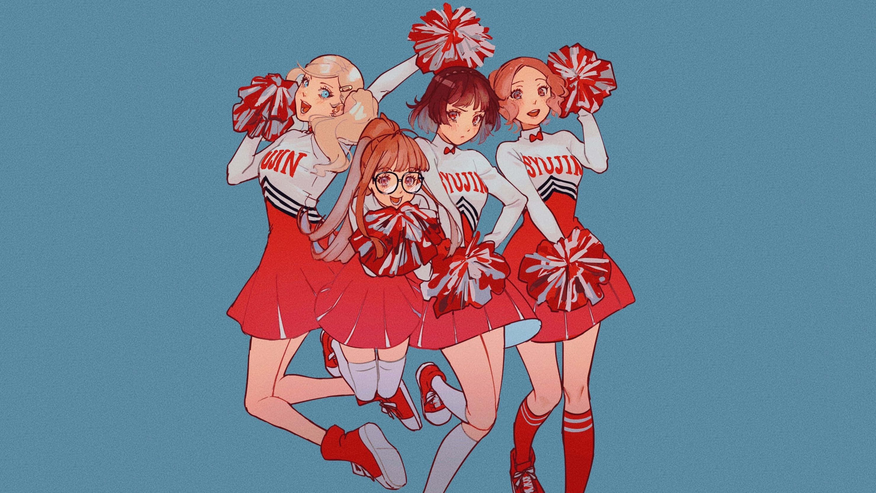 anime cheerleaders, red and white uniforms, red and white pom-poms, 2K Desktop Wallpaper
