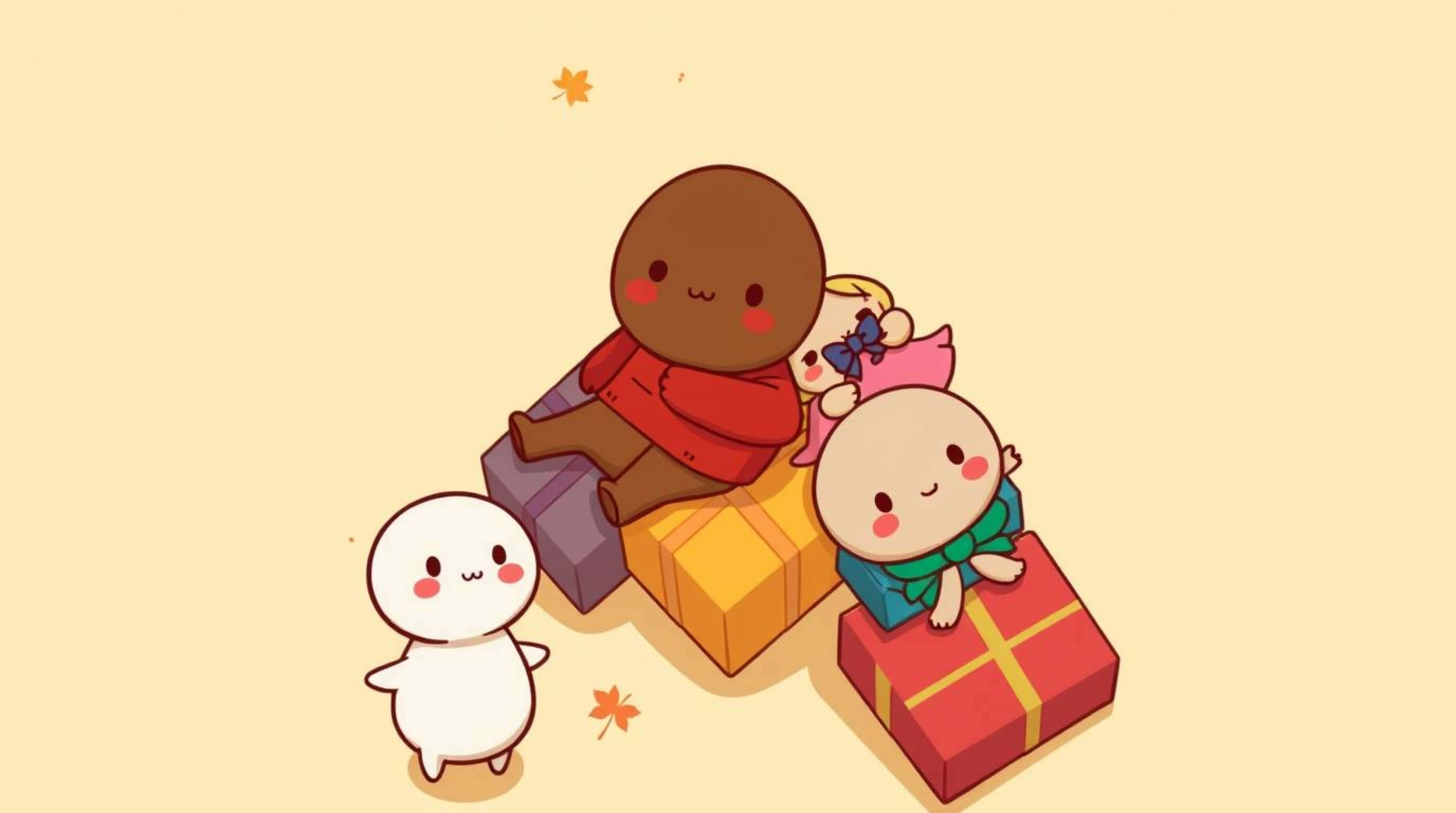adorable cartoon characters, colorful gift boxes, soft yellow background, 5K Desktop Wallpaper