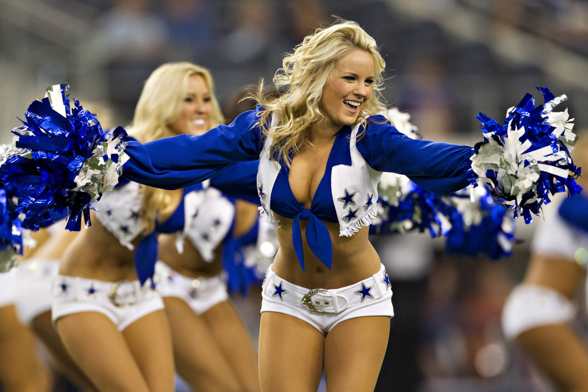 blonde cheerleader, blue and white Dallas Cowboys uniform, pom-poms, Full HD Desktop Wallpaper