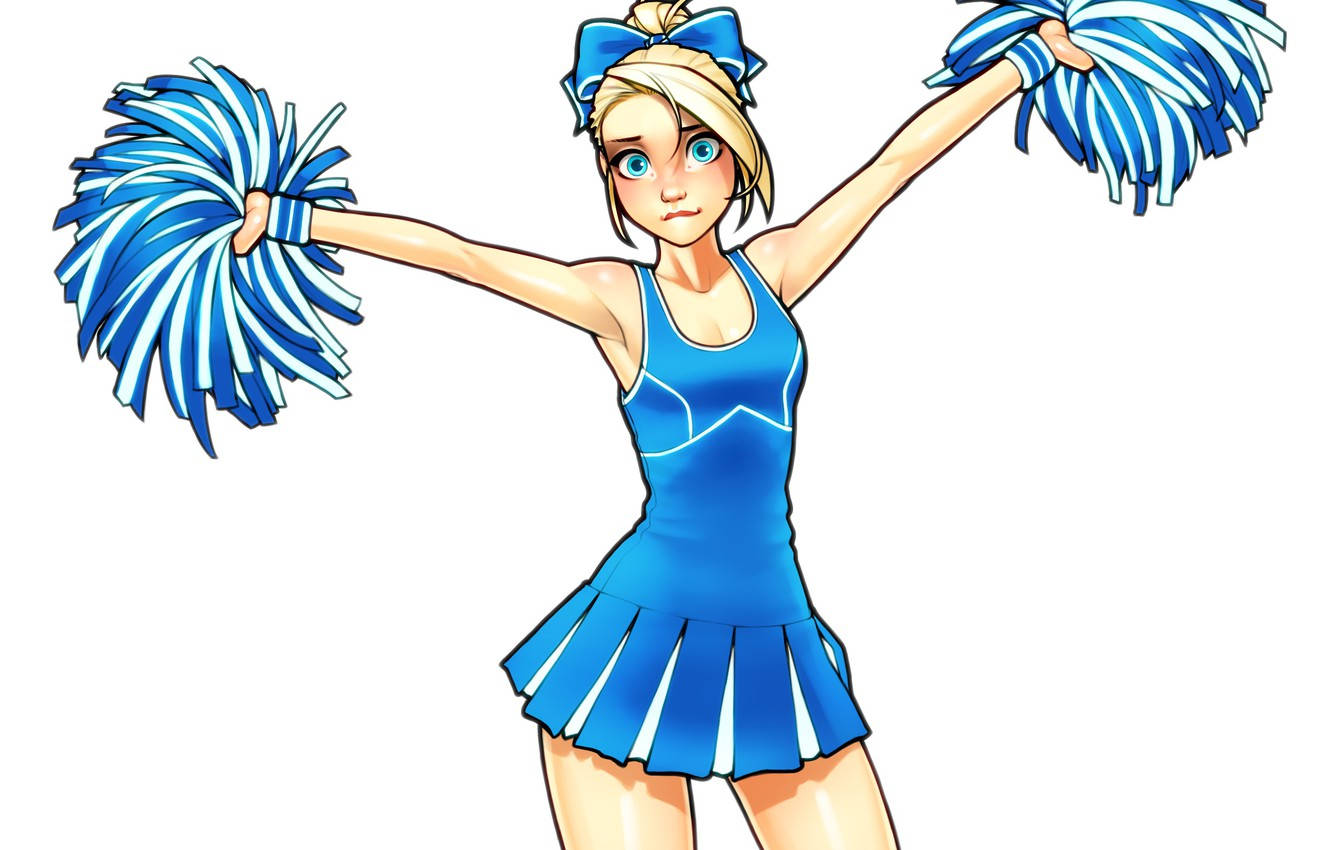 anime cheerleader, blue uniform, pom-poms, HD Desktop Wallpaper