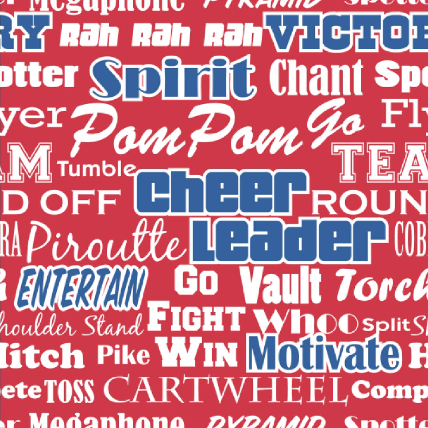 blue and white cheerleader typography, vibrant red background, bold white and blue cheerleading words, HD Desktop Wallpaper