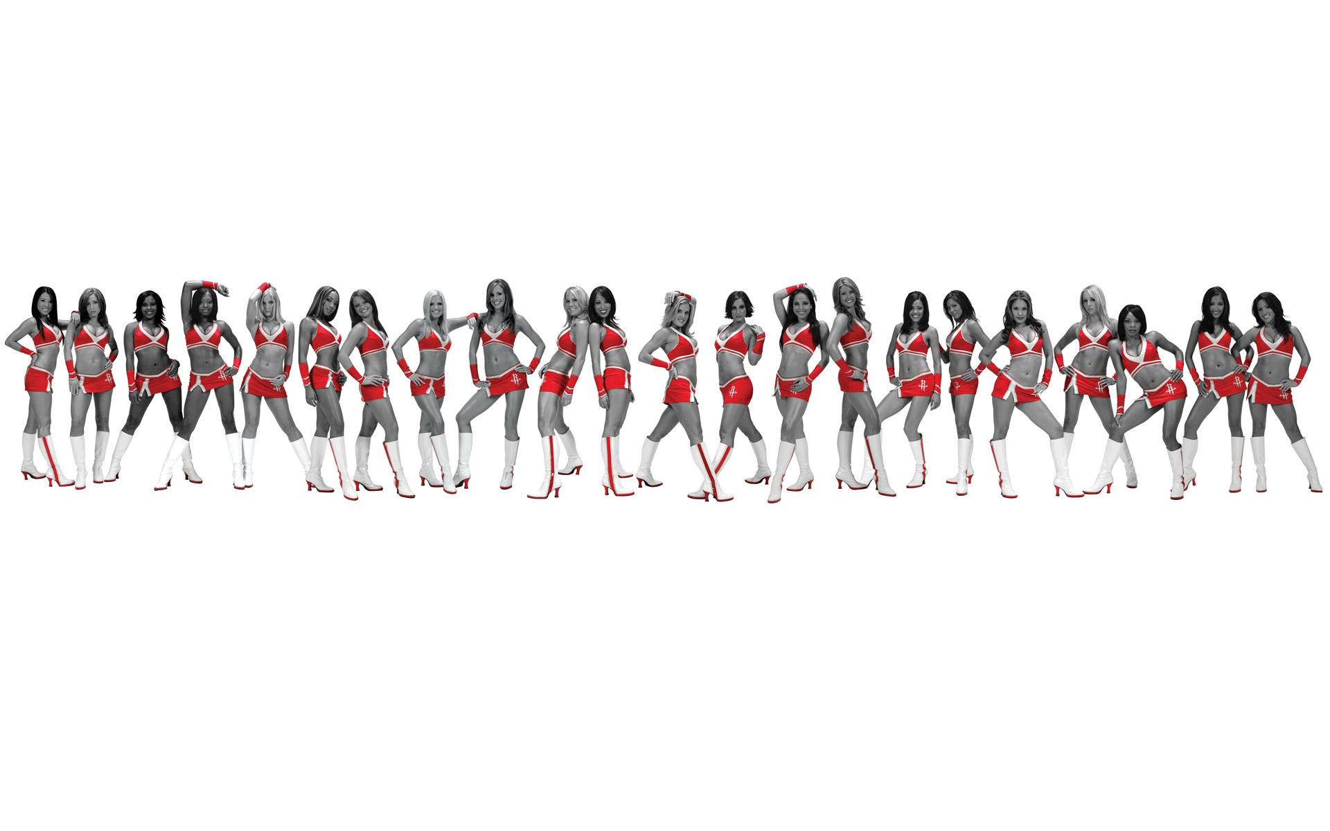 cheerleader, red and white uniforms, synchronized poses, Full HD Desktop Wallpaper