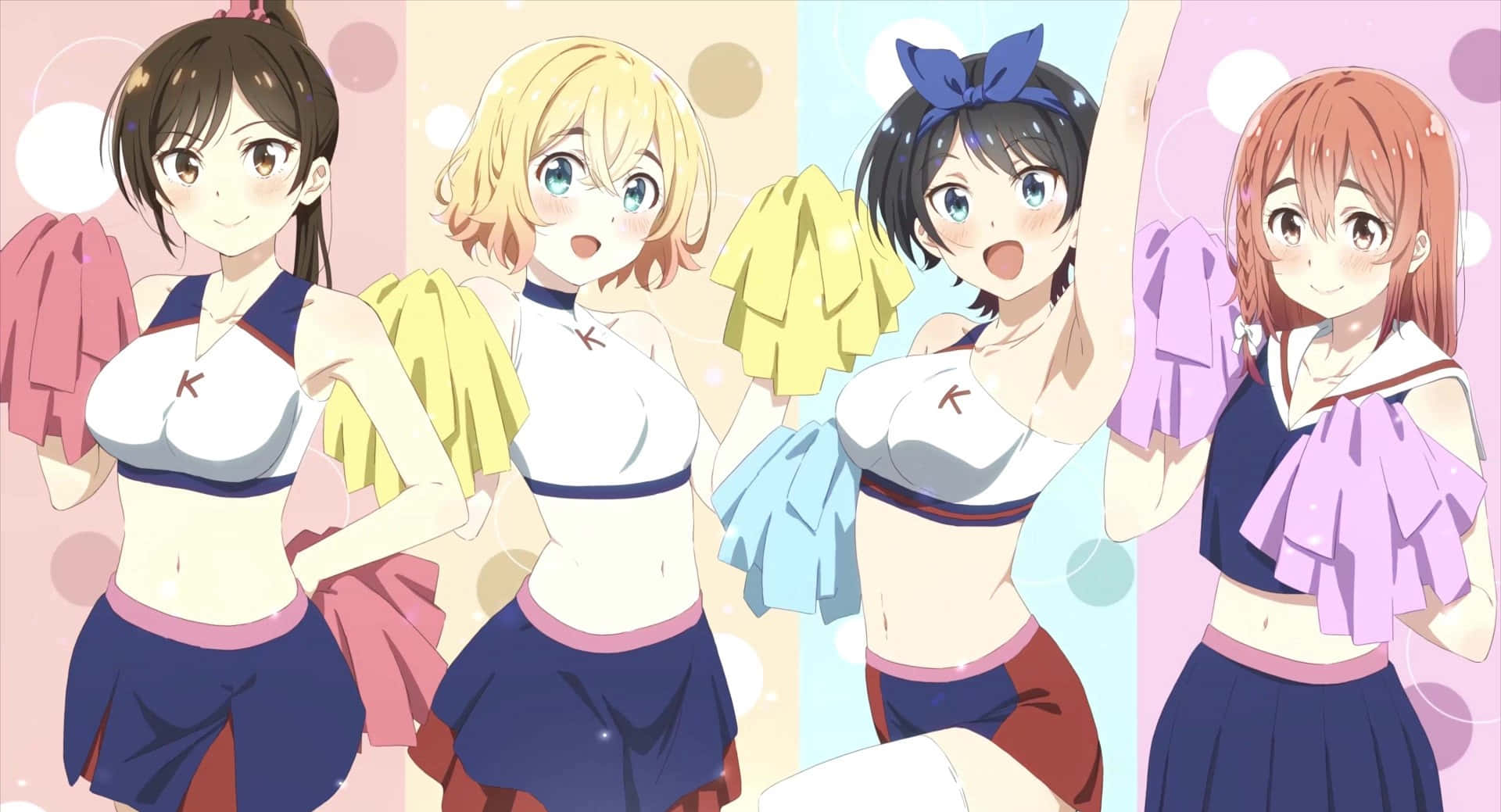 animated cheerleading team, anime cheerleaders, colorful uniforms, Full HD Desktop Wallpaper