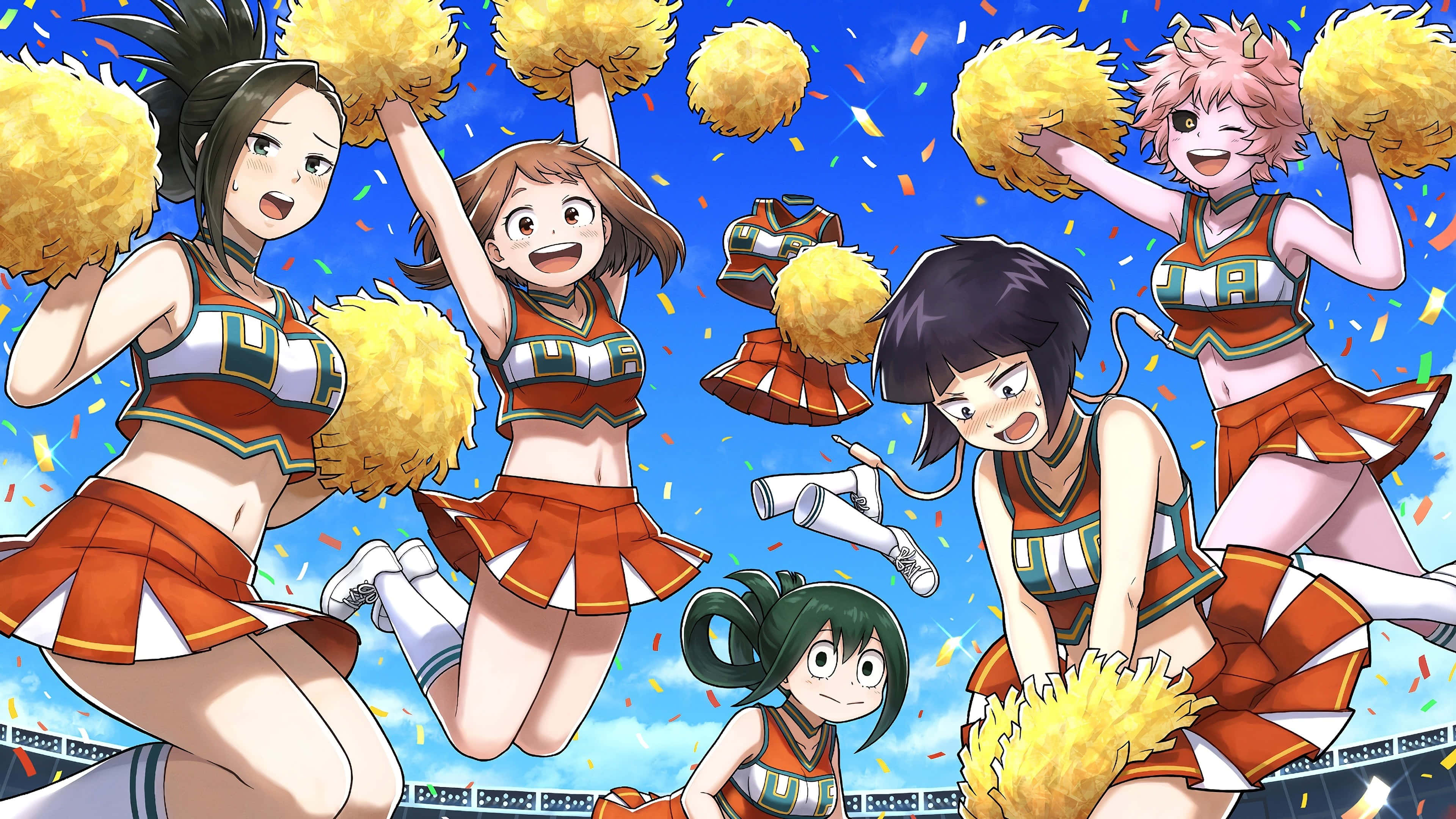 anime cheerleaders, orange uniforms, pom-poms, 4K Desktop Wallpaper