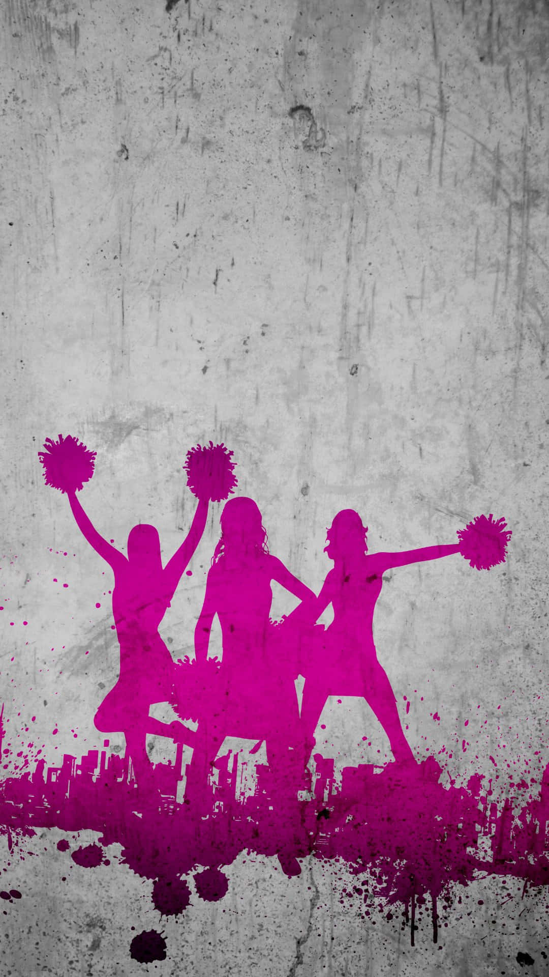 vibrant pink cheerleader silhouettes, pom-poms, gritty textured gray wall, Full HD Phone Wallpaper