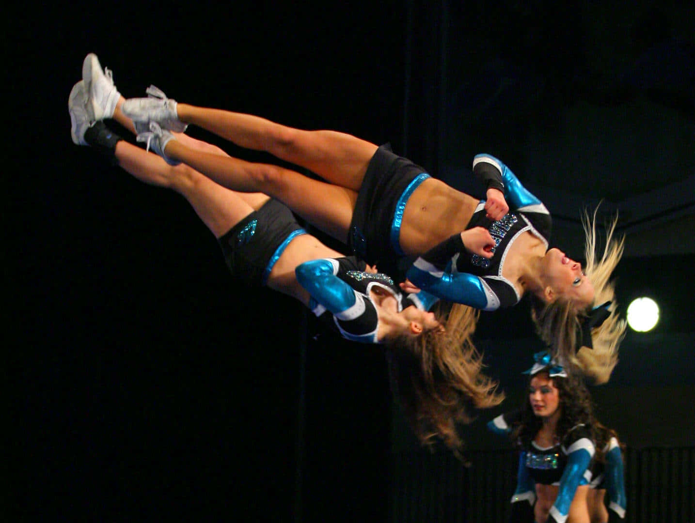 cheerleaders, blue and black uniforms, aerial flip, HD Desktop Wallpaper