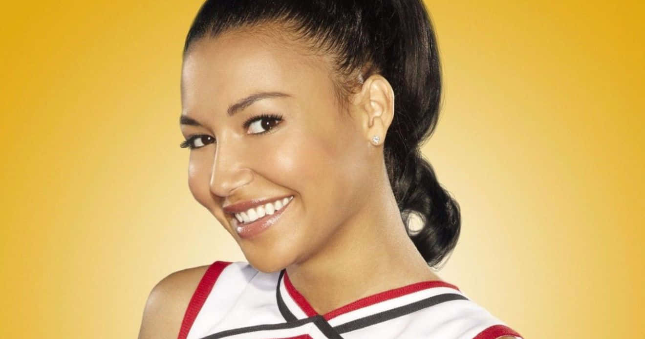 white red and black cheerleading uniform, high ponytail, solid yellow background, HD Desktop Wallpaper