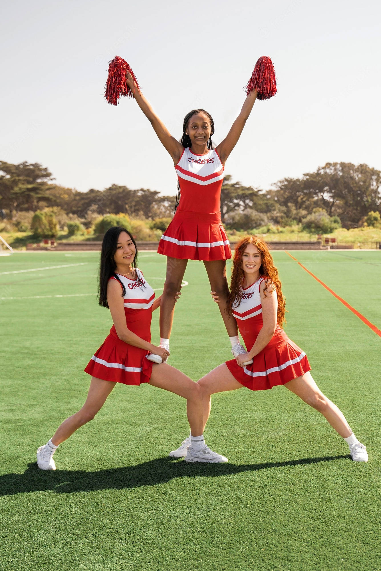 cheerleader, basic pyramid, red and white uniforms, Full HD Phone Wallpaper