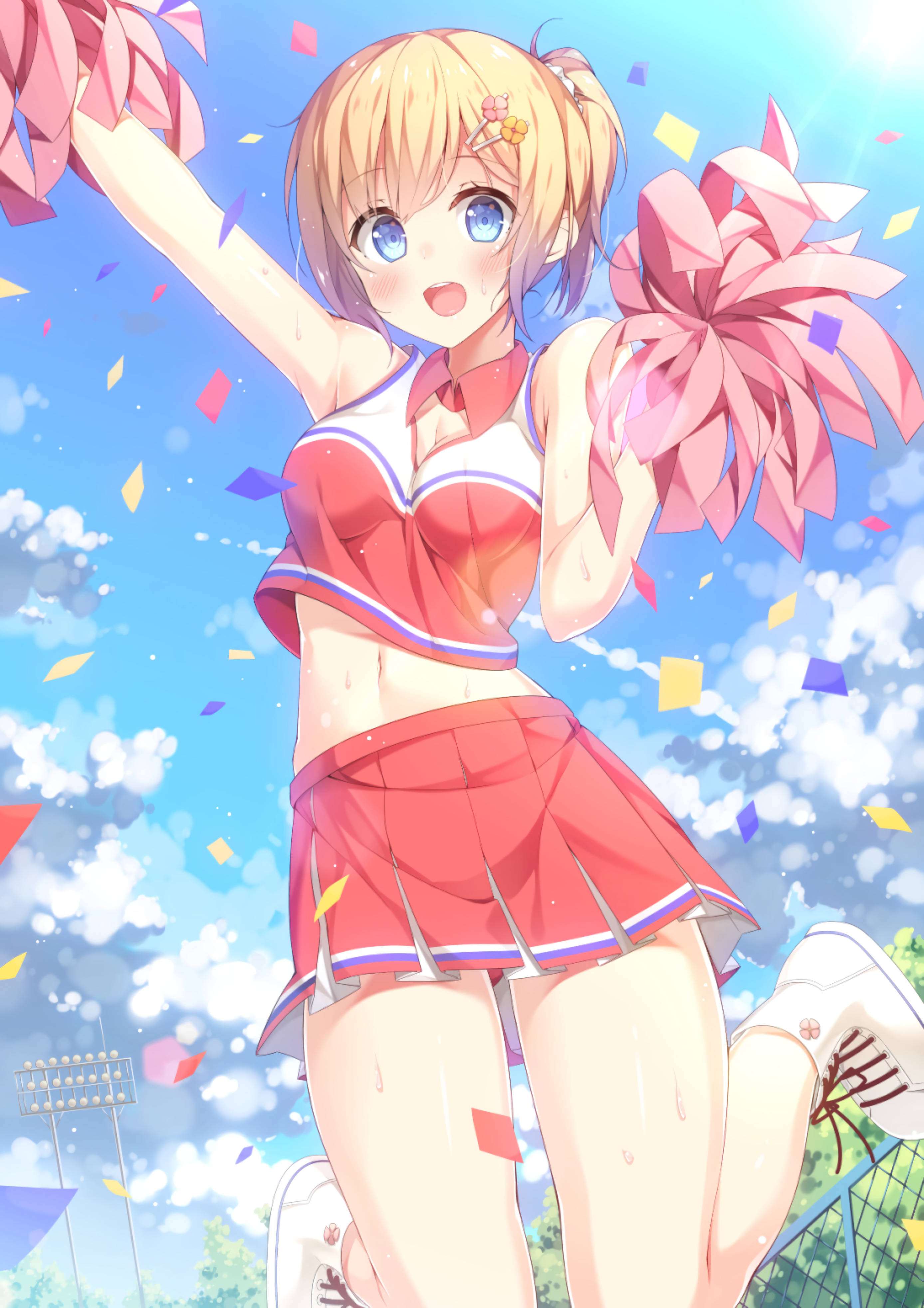 anime cheerleader, red uniform, pink pom-poms, 4K Phone Wallpaper