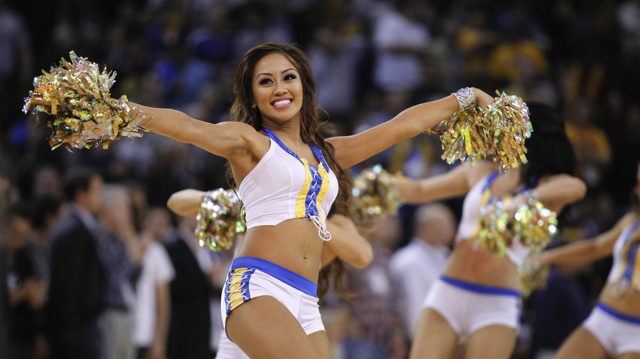 Cheerleading, white and blue uniform, gold pom-poms, Full HD Desktop Wallpaper