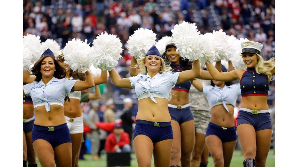 Cheerleader, navy and white uniforms, pom-poms, SD Desktop Wallpaper