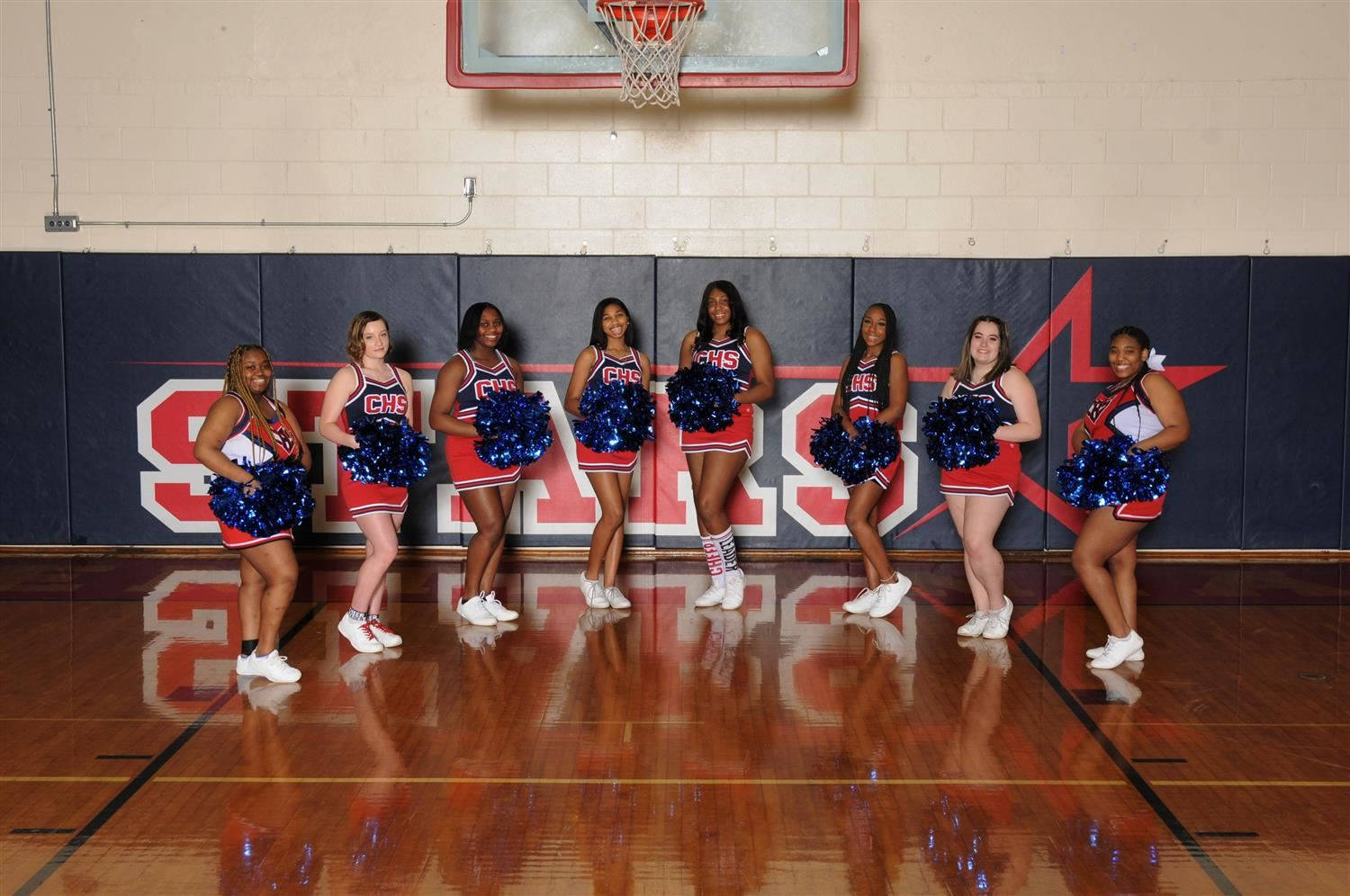 cheerleaders, red and blue uniforms, pom-poms, HD Desktop Wallpaper