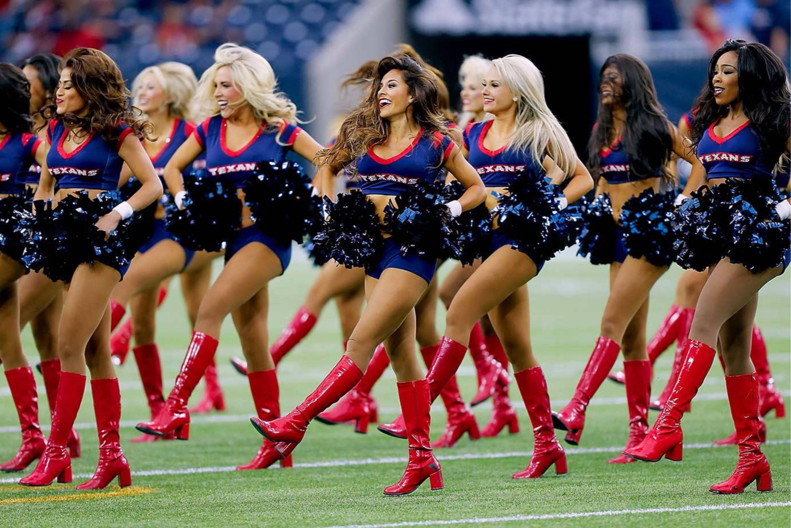 Cheerleader Gals In Boots, blue and red uniforms, black pom-poms, 2K Desktop Wallpaper