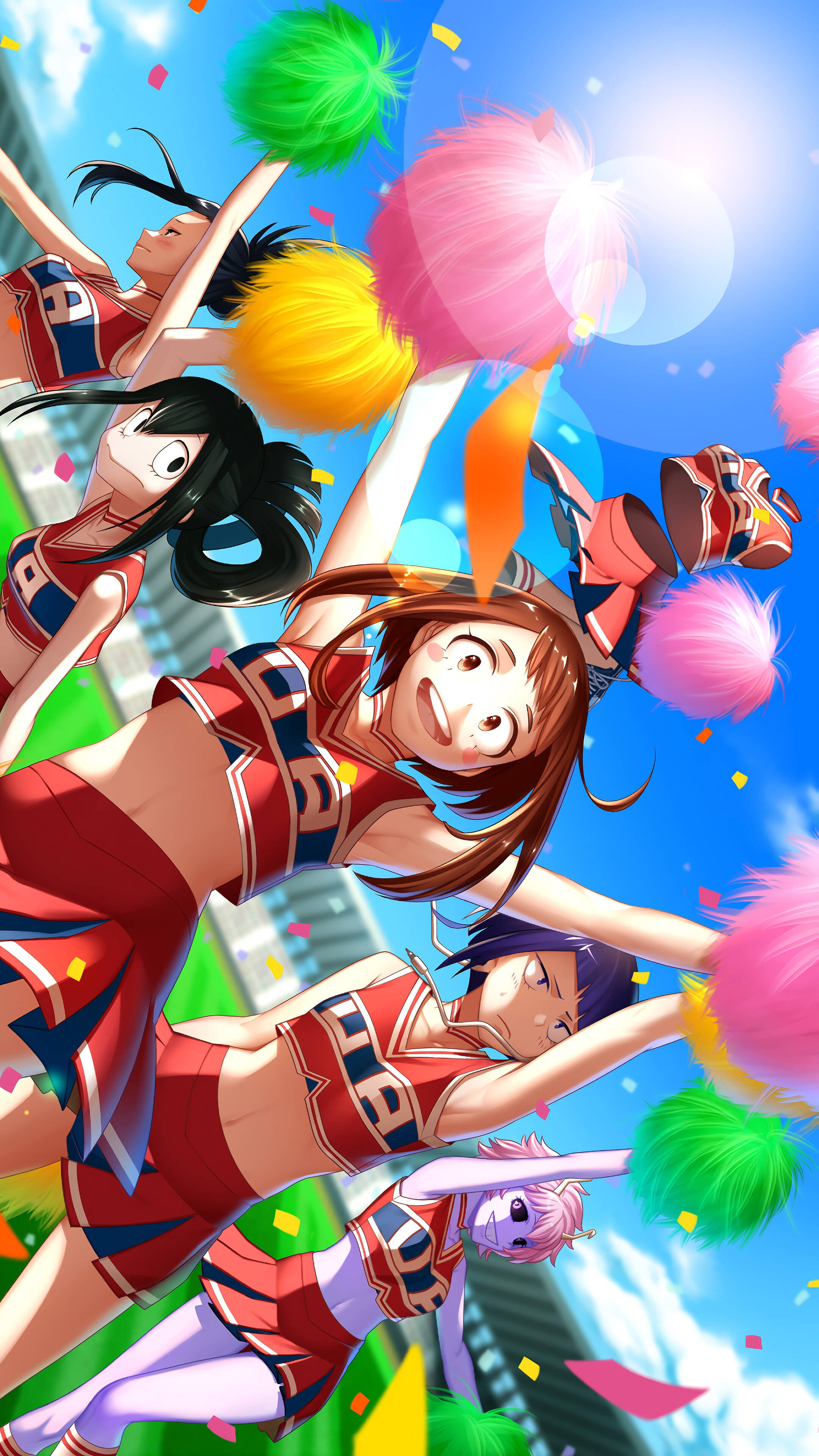 anime cheerleader squad, red uniforms, bright blue sky, 4K Phone Wallpaper