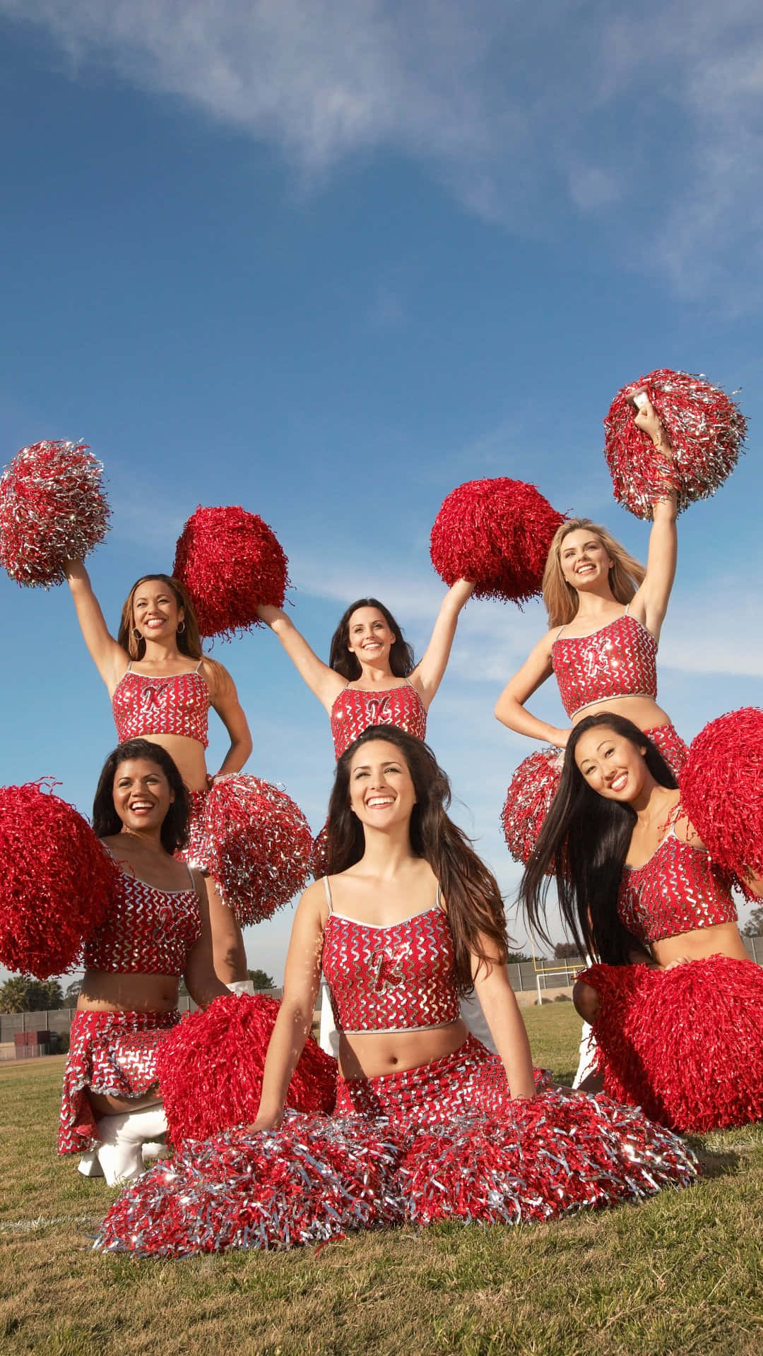 cheerleading squad, red sequined uniforms, red pom-poms, Full HD Phone Wallpaper