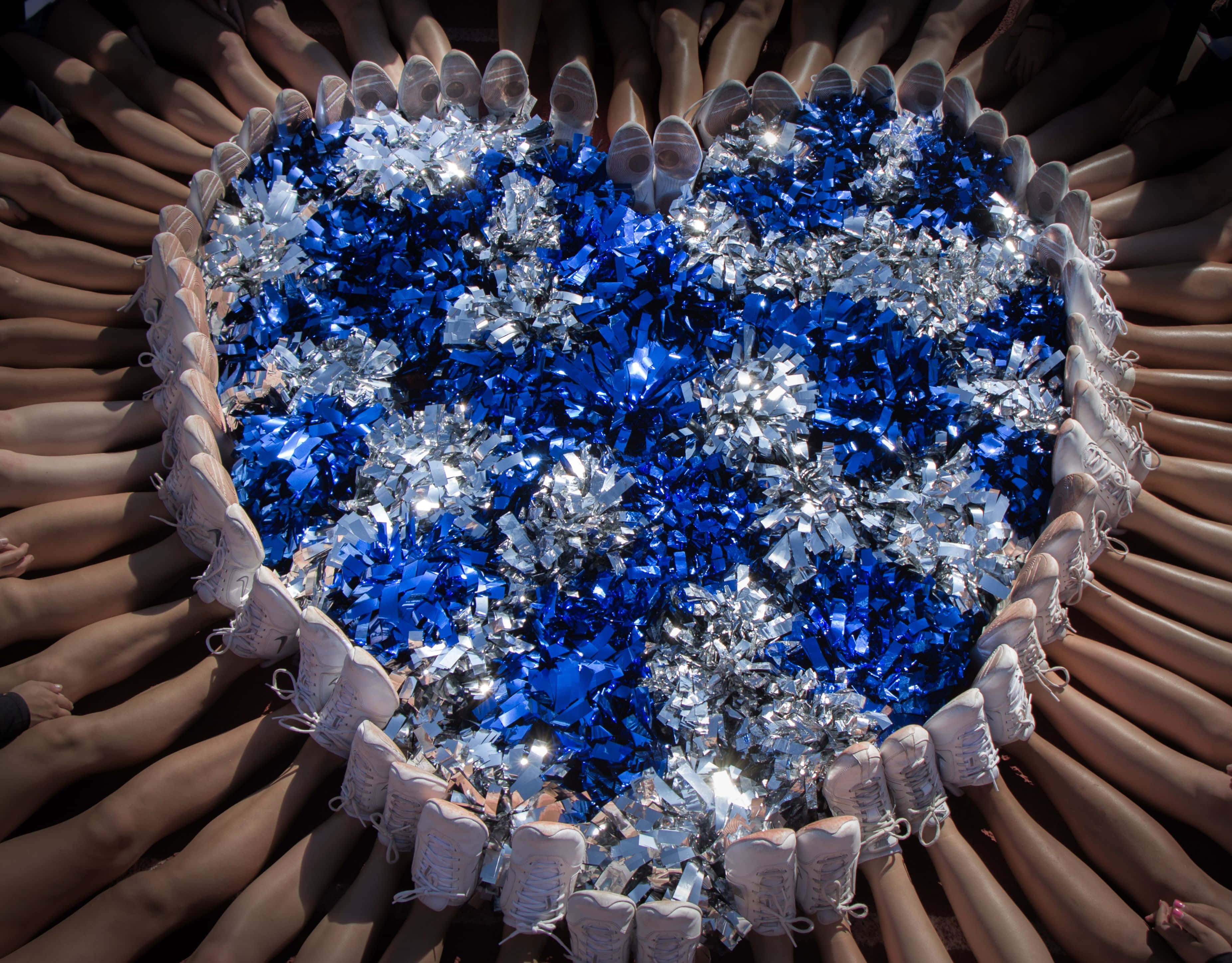 blue and silver pom-poms, cheerleading formation, heart shape, 2K Desktop Wallpaper